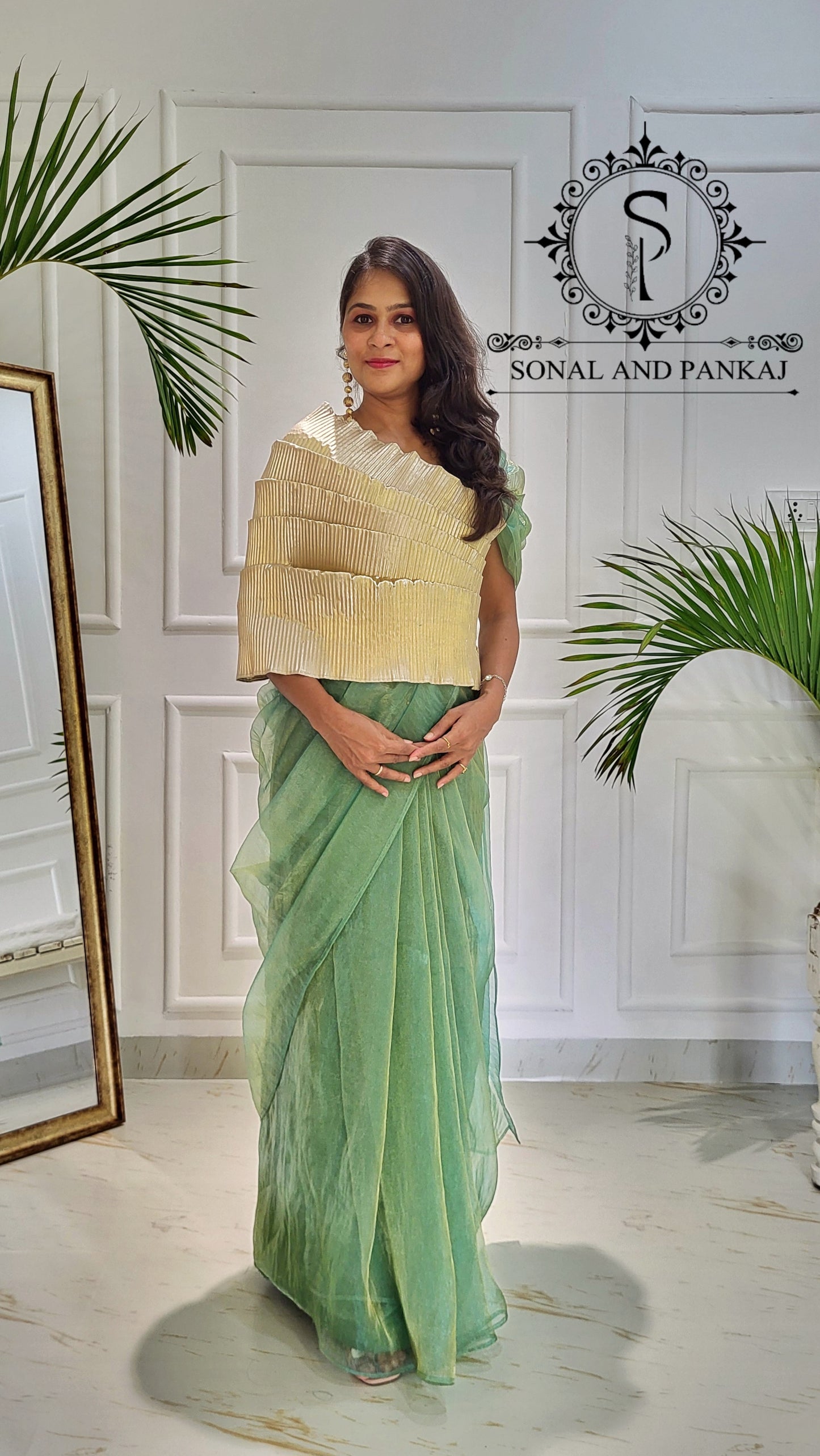 Desi Girl Vibe - Butter Scotch Top & Shimmering Mint Pre-pleated Saree - SA01601