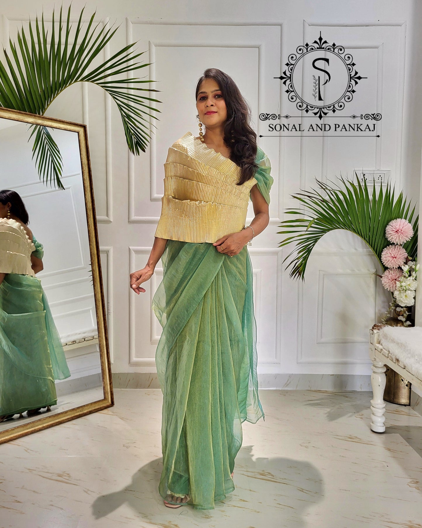 Desi Girl Vibe - Butter Scotch Top & Shimmering Mint Pre-pleated Saree - SA01601