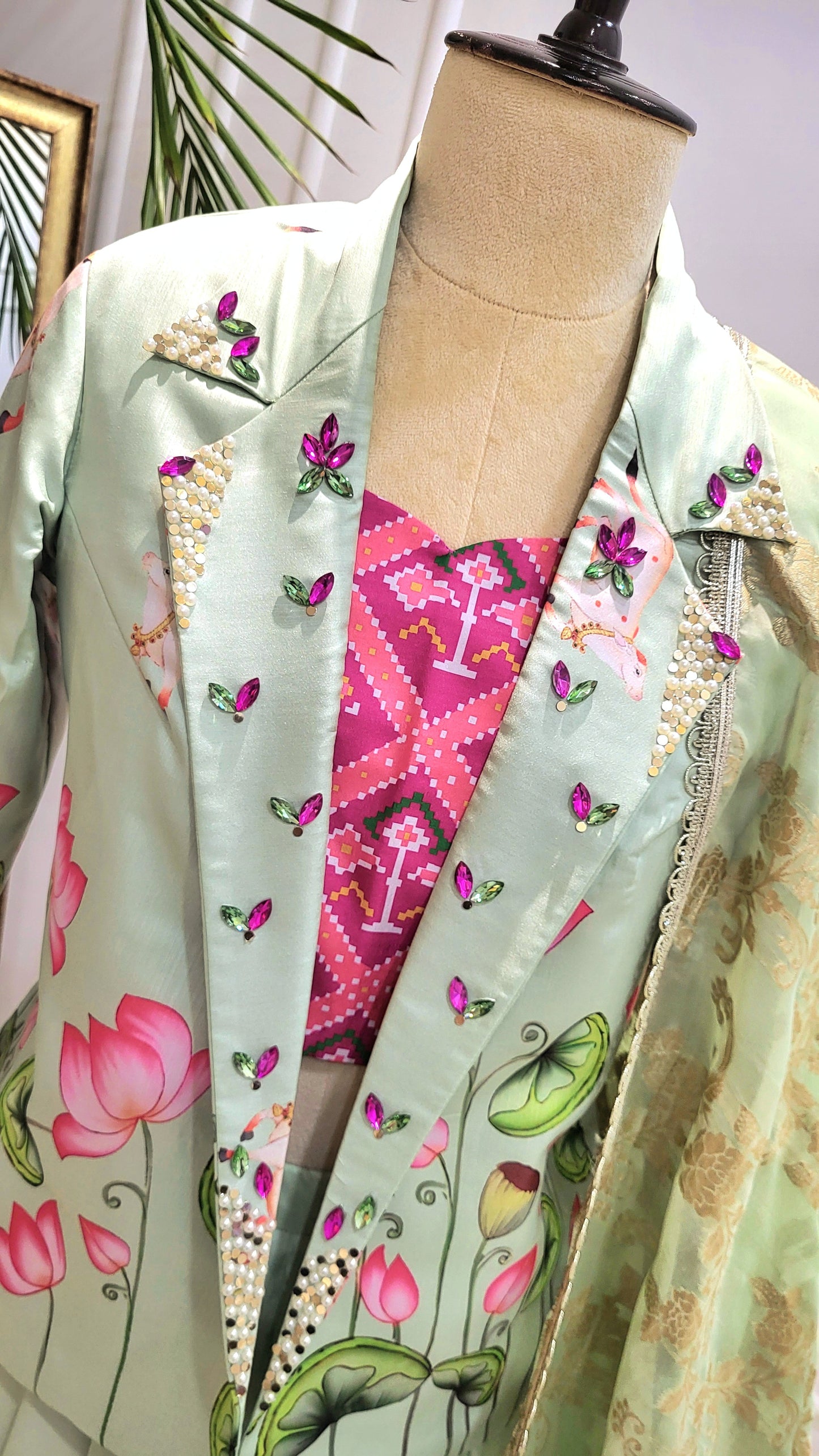 Pastel Green Pichwai Ensemble by Sonal and Pankaj - LH01523