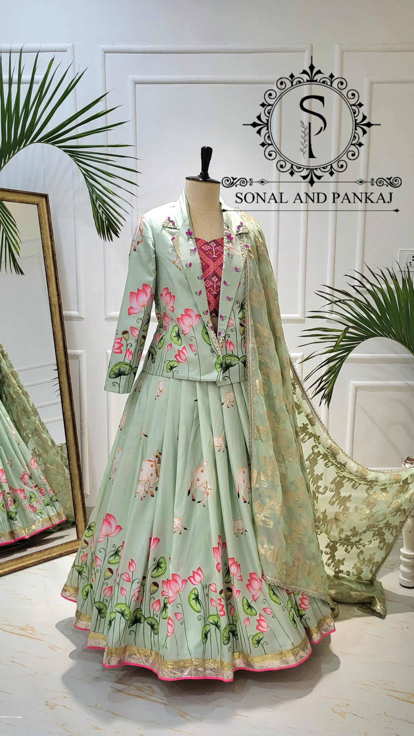 Pastel Green Pichwai Ensemble by Sonal and Pankaj - LH01523