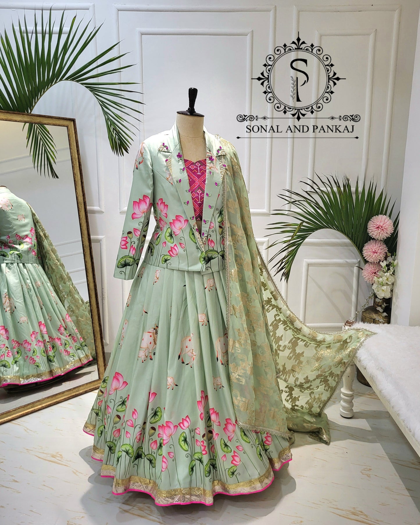 Pastel Green Pichwai Ensemble by Sonal and Pankaj - LH01523