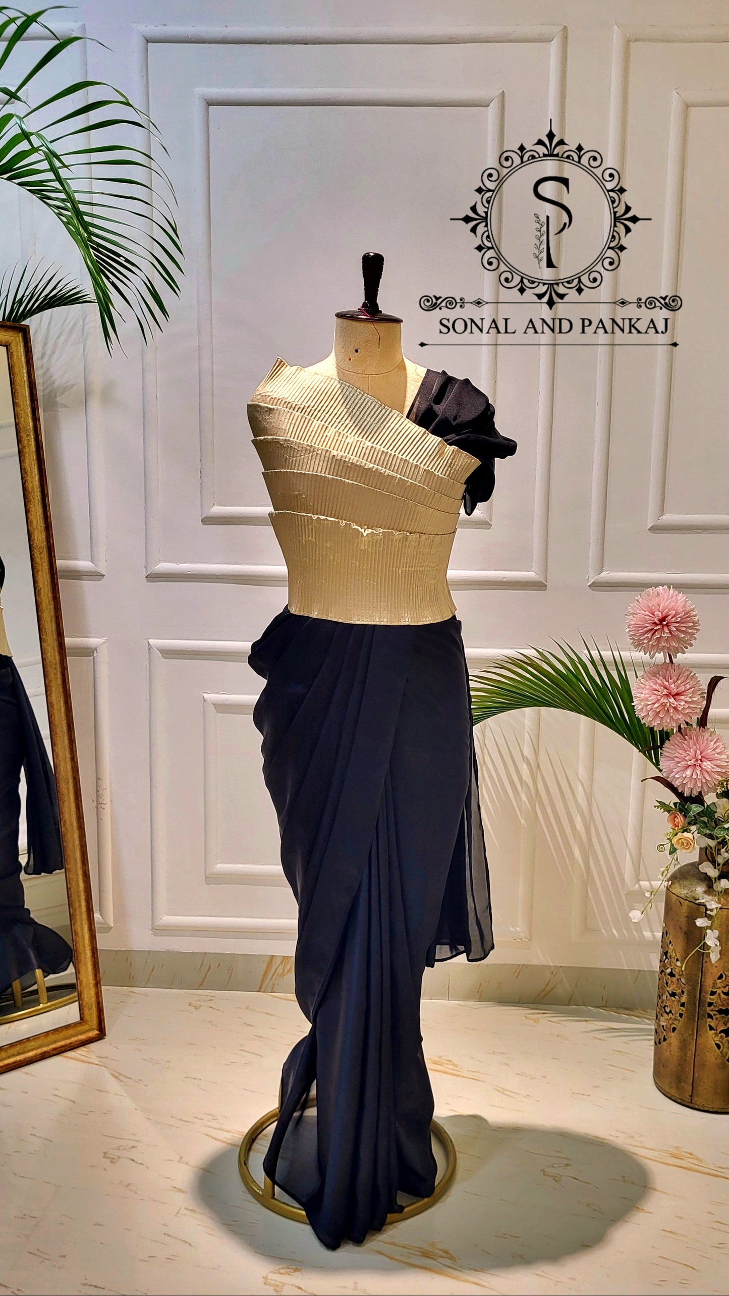 Desi Girl Vibe - Butter Scotch Top & Black Pre-pleated Saree - SA01603