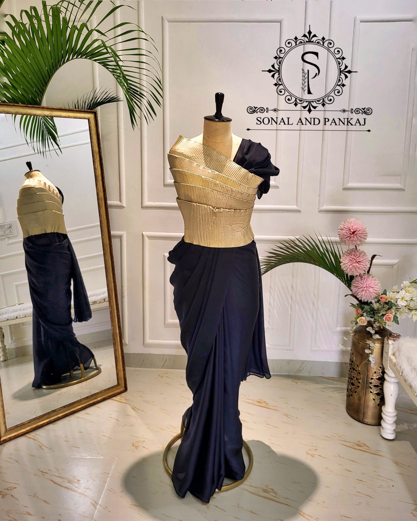 Desi Girl Vibe - Butter Scotch Top & Black Pre-pleated Saree - SA01603