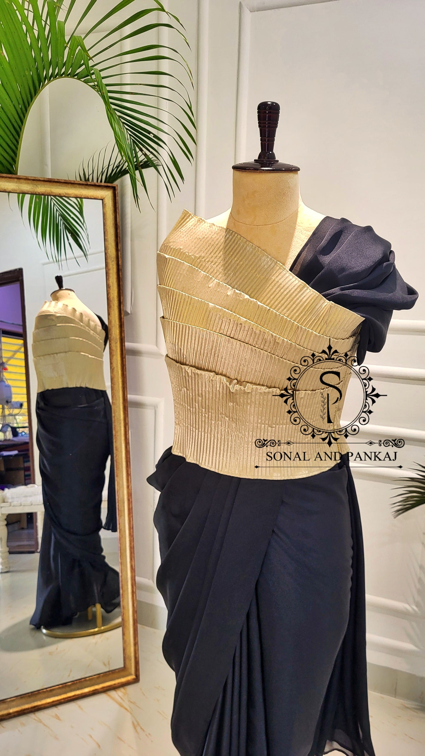 Desi Girl Vibe - Butter Scotch Top & Black Pre-pleated Saree - SA01603