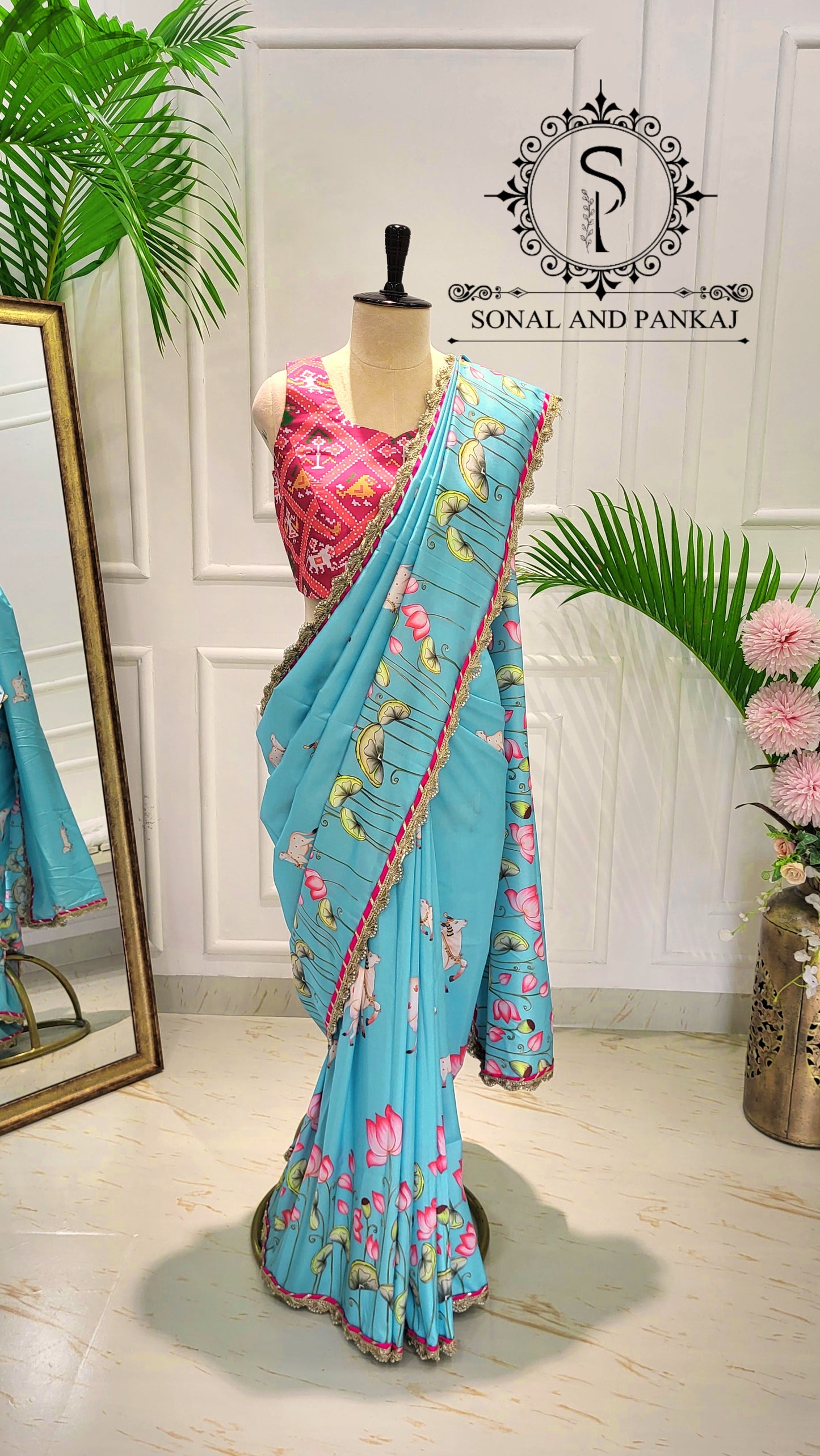 Turquoise Blue Pichwai Print Only Saree - SA01606 (Without Blouse)