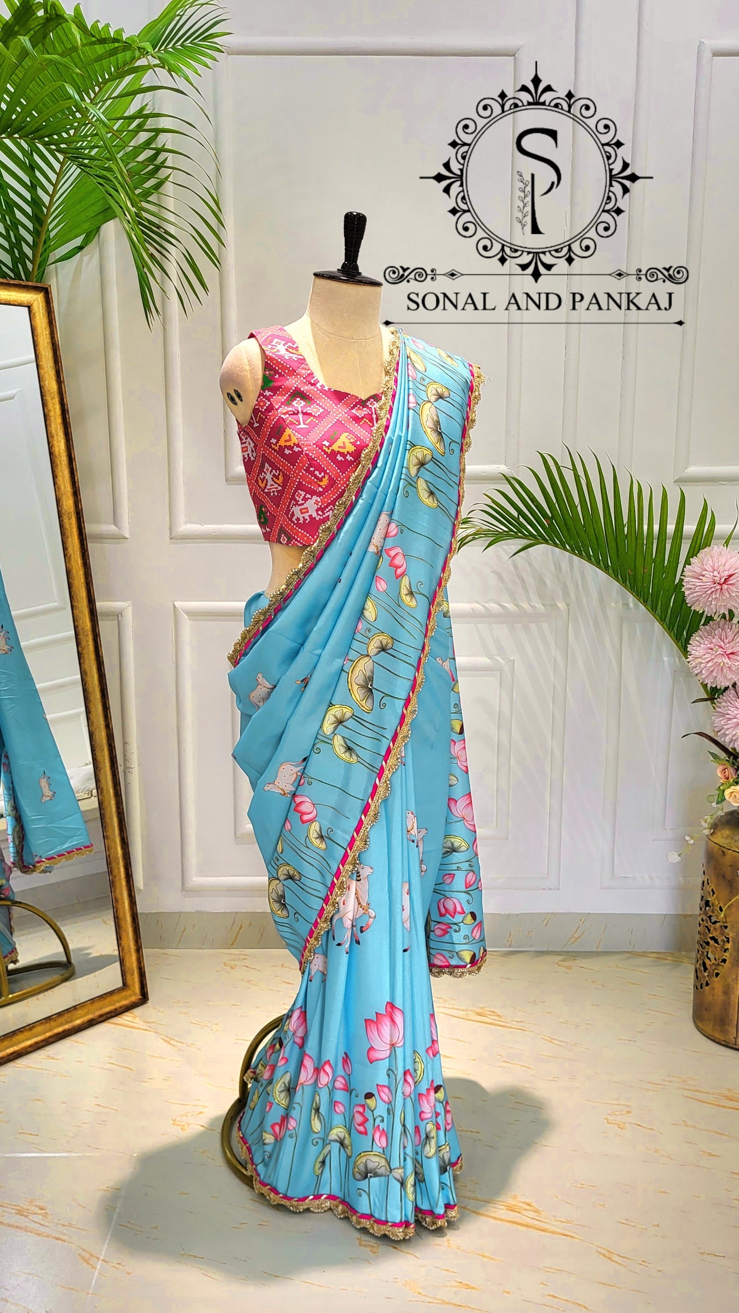Turquoise Blue Pichwai Print Only Saree - SA01606 (Without Blouse)