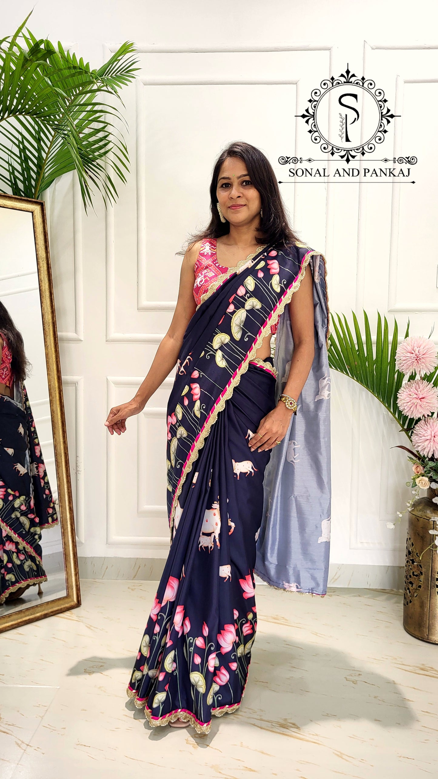 Midnight Blue Pichwai Print Only Saree - SA01605 (Without Blouse)