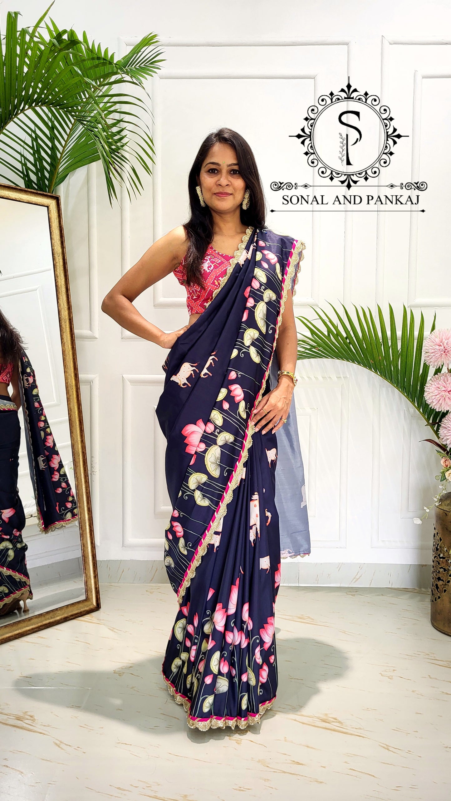 Midnight Blue Pichwai Print Only Saree - SA01605 (Without Blouse)