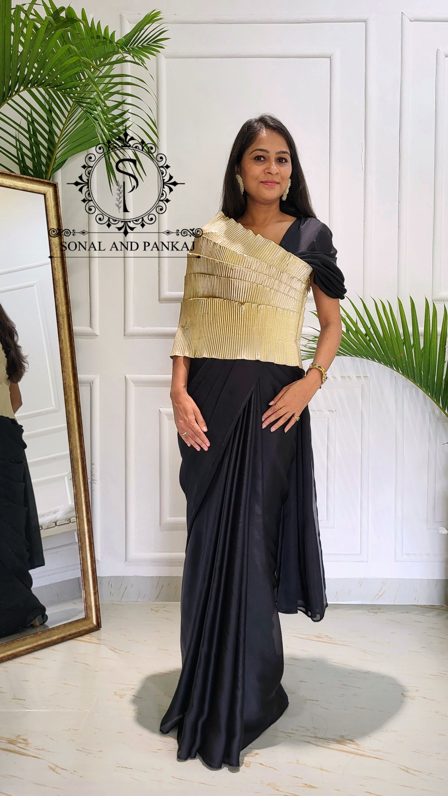 Desi Girl Vibe - Butter Scotch Top & Black Pre-pleated Saree - SA01603