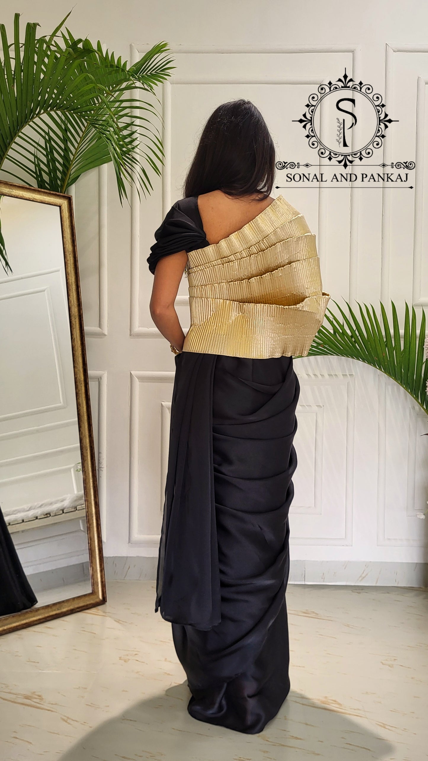 Desi Girl Vibe - Butter Scotch Top & Black Pre-pleated Saree - SA01603