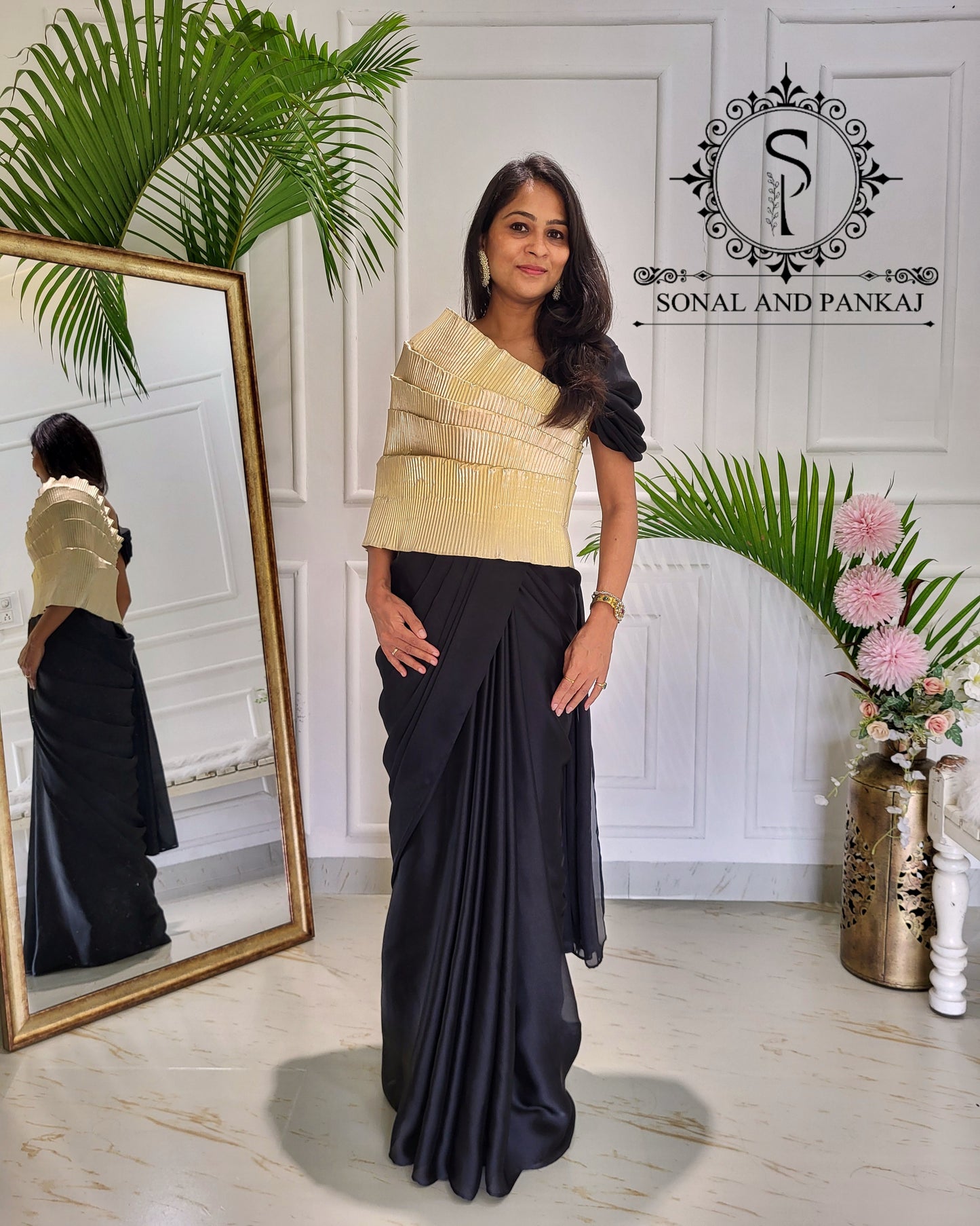 Desi Girl Vibe - Butter Scotch Top & Black Pre-pleated Saree - SA01603