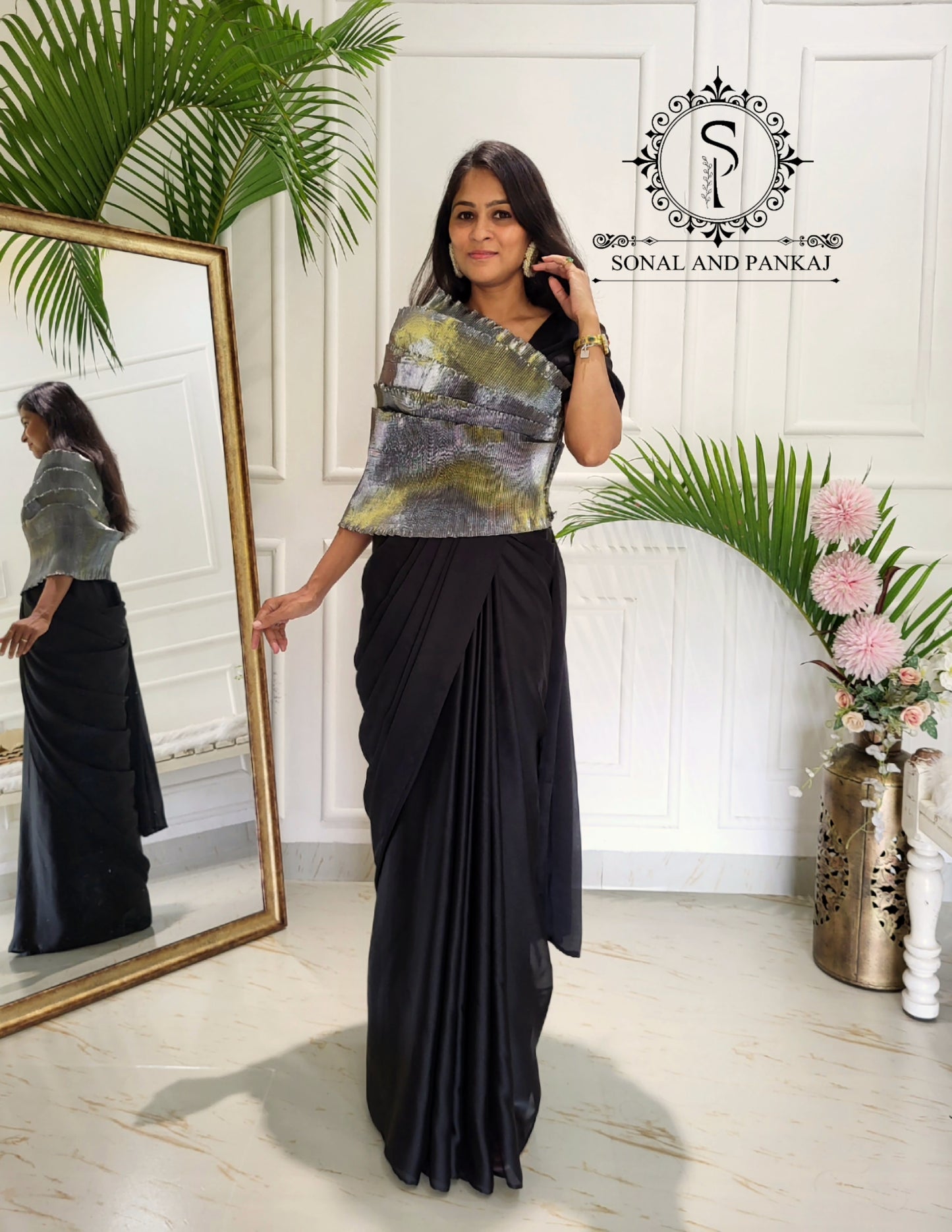 Desi Girl Vibe - Metallic Grey Top & Black Pre-pleated Saree - SA01604