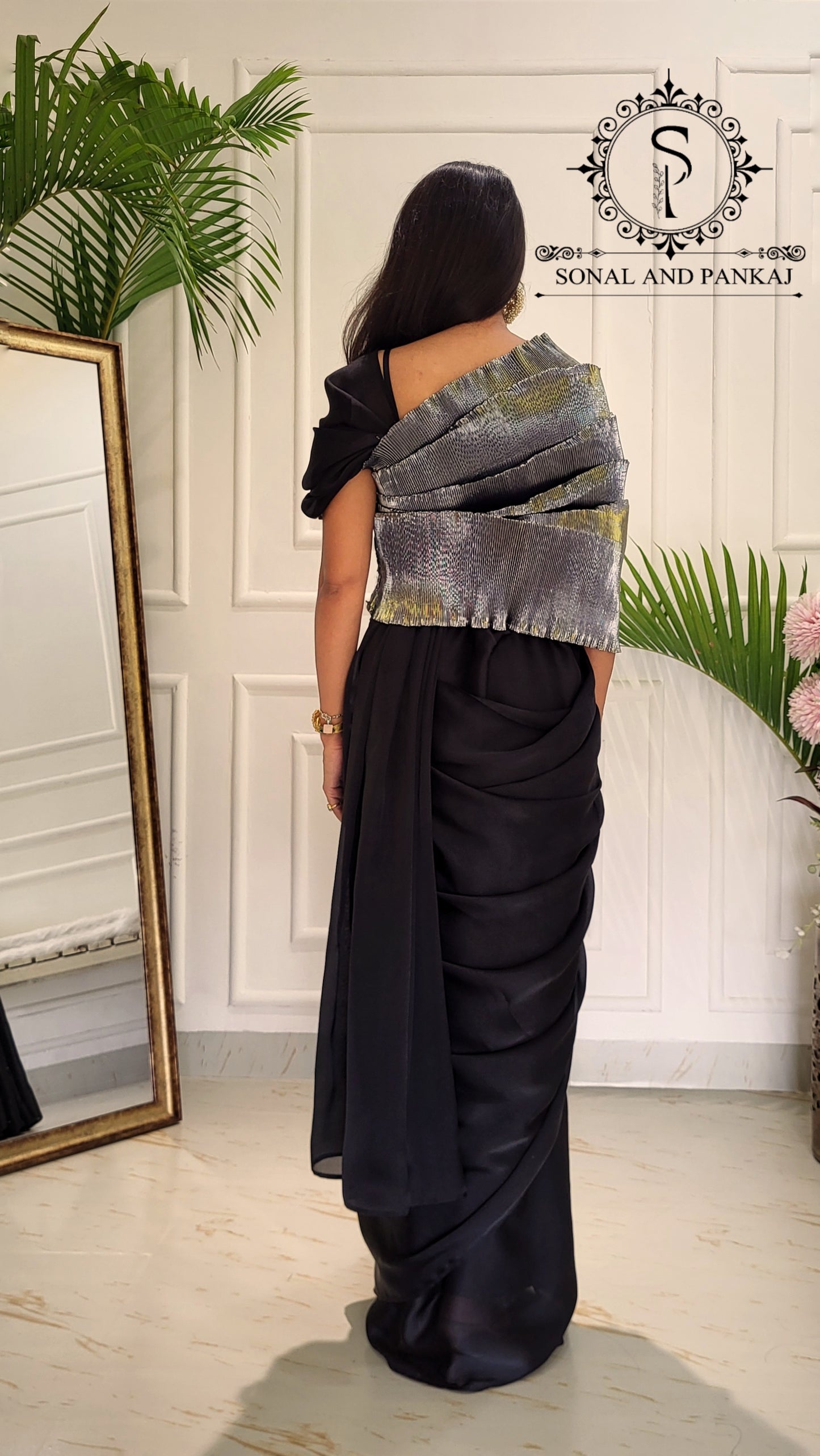 Desi Girl Vibe - Metallic Grey Top & Black Pre-pleated Saree - SA01604