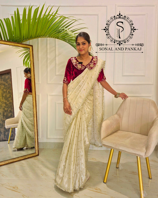 Chandni - Maroon Velvet Hand Embroidered Blouse & Designer Saree - SA01613
