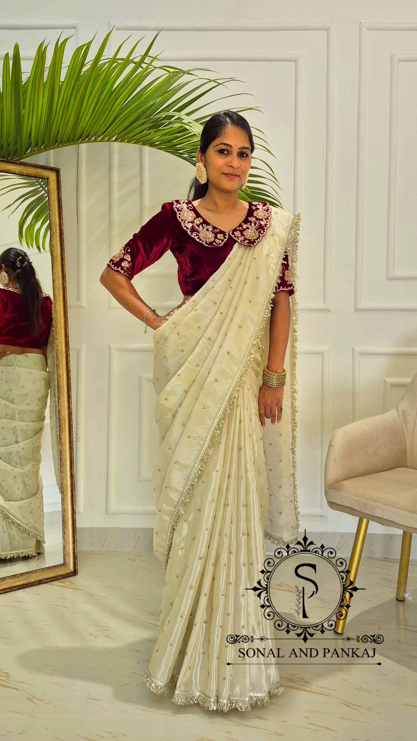 Chandni - Maroon Velvet Hand Embroidered Blouse & Designer Saree - SA01613