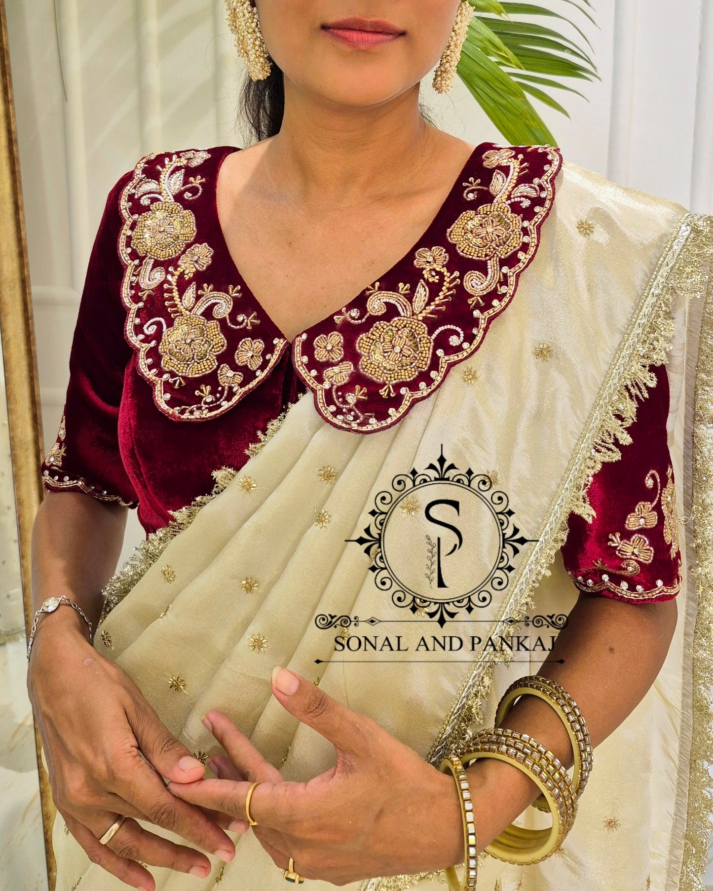 Chandni - Maroon Velvet Hand Embroidered Blouse & Designer Saree - SA01613