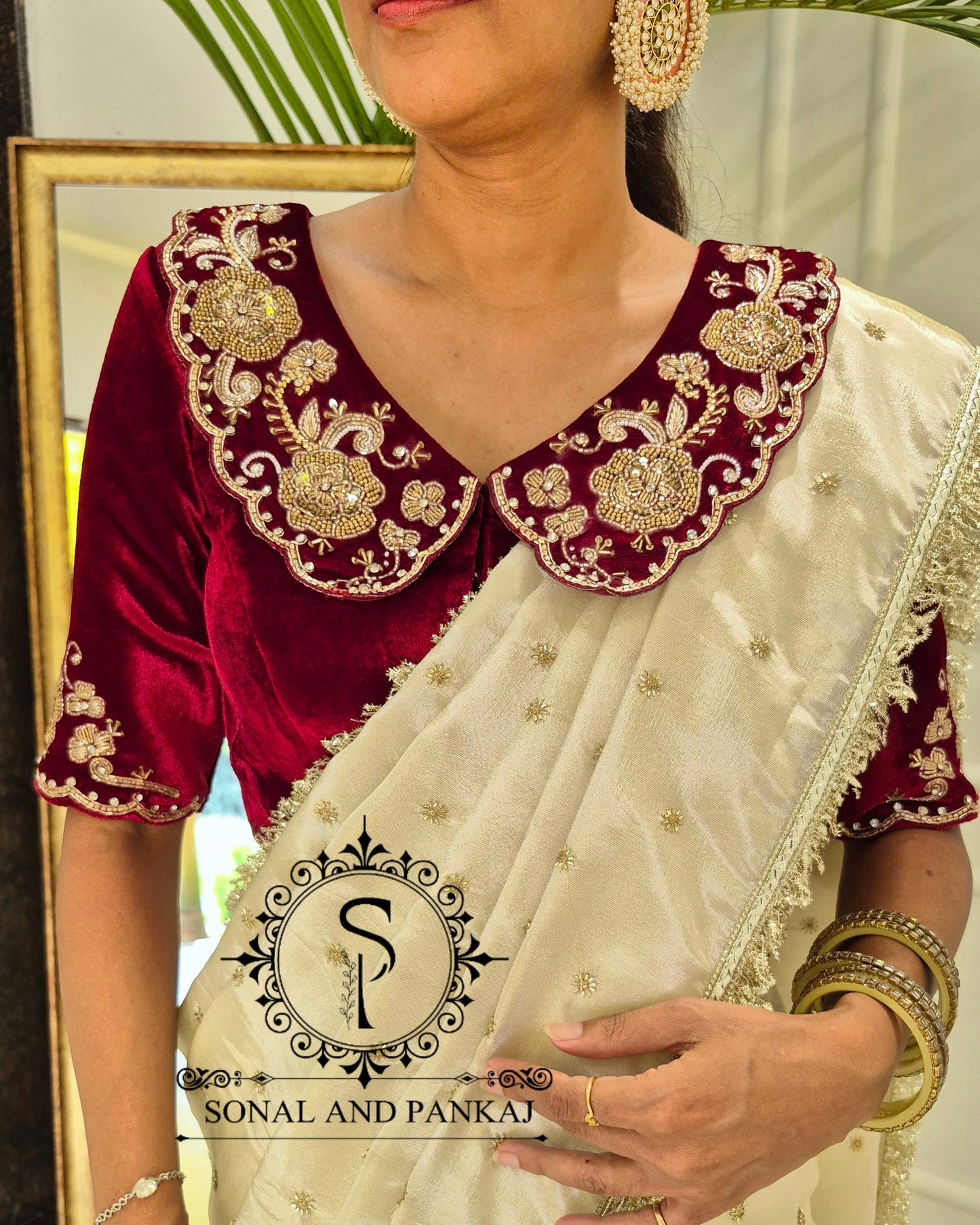 Chandni - Maroon Velvet Hand Embroidered Blouse & Designer Saree - SA01613