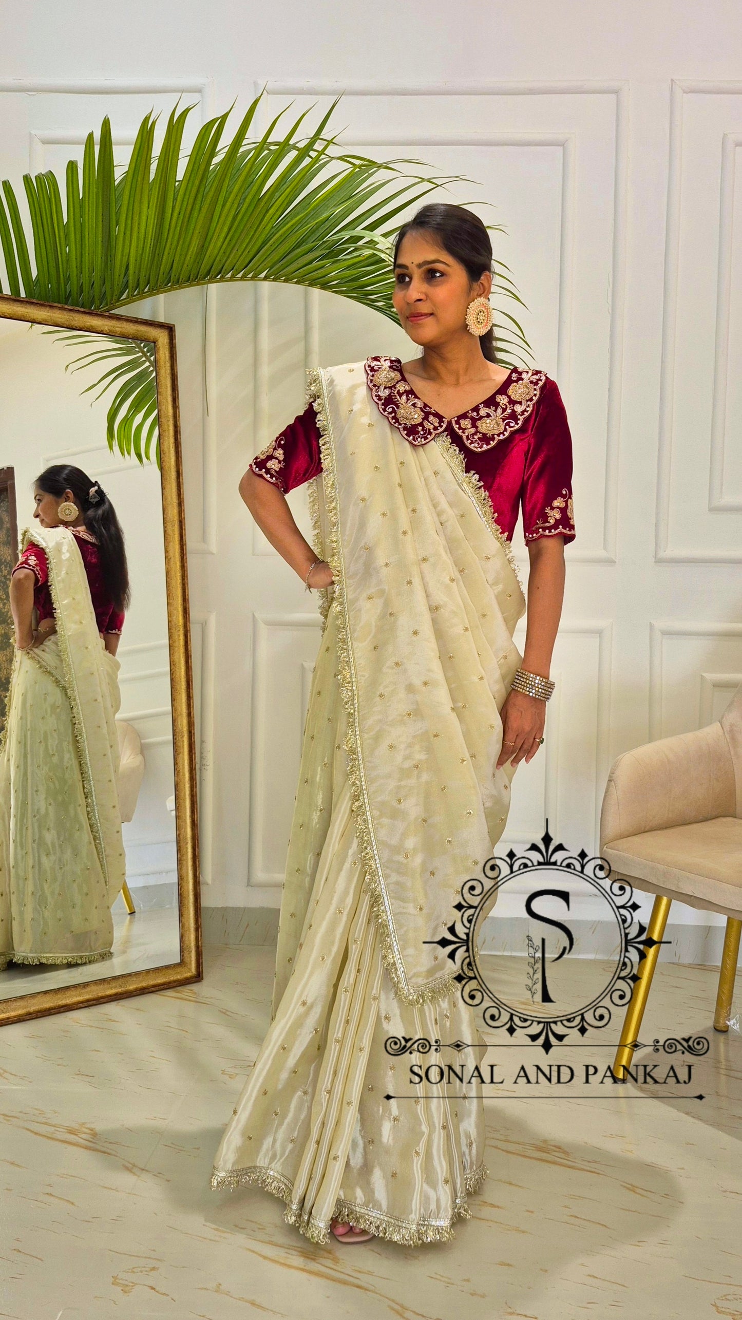 Chandni - Maroon Velvet Hand Embroidered Blouse & Designer Saree - SA01613