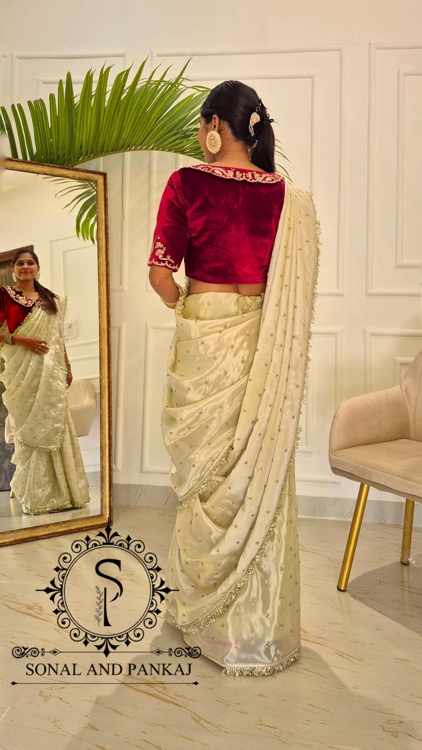 Chandni - Maroon Velvet Hand Embroidered Blouse & Designer Saree - SA01613