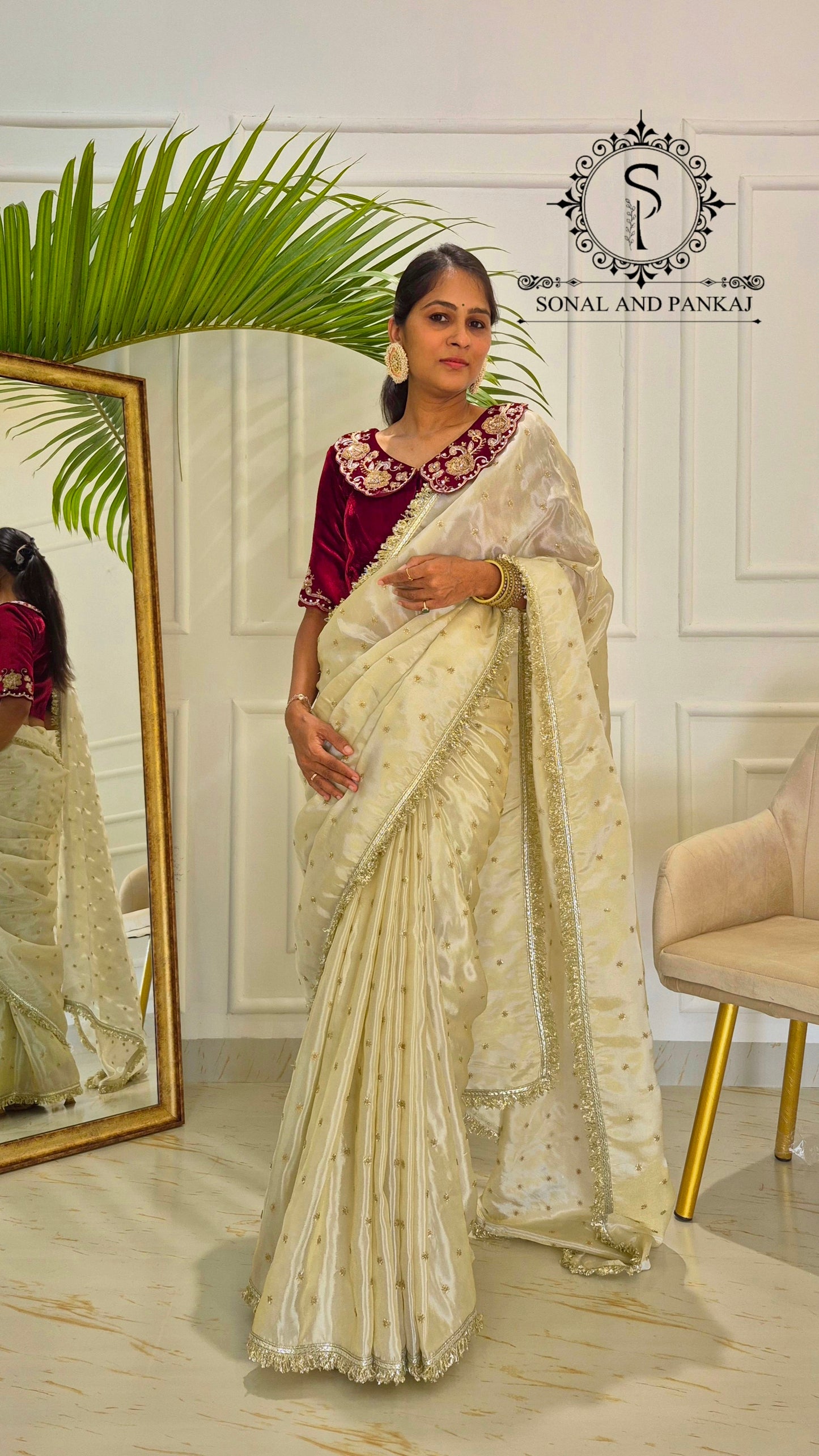 Chandni - Maroon Velvet Hand Embroidered Blouse & Designer Saree - SA01613