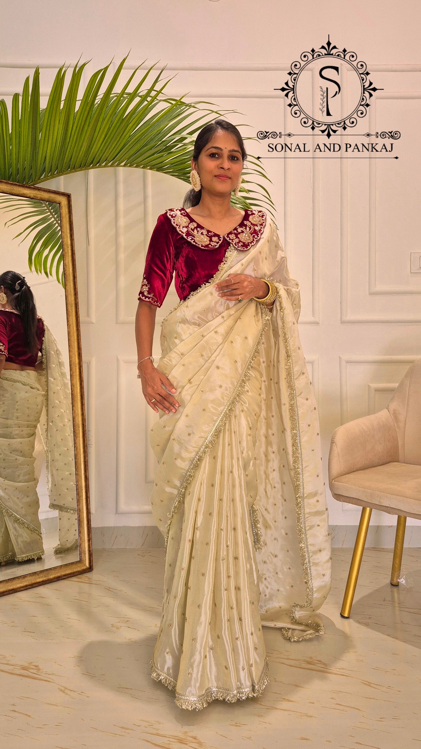 Chandni - Maroon Velvet Hand Embroidered Blouse & Designer Saree - SA01613