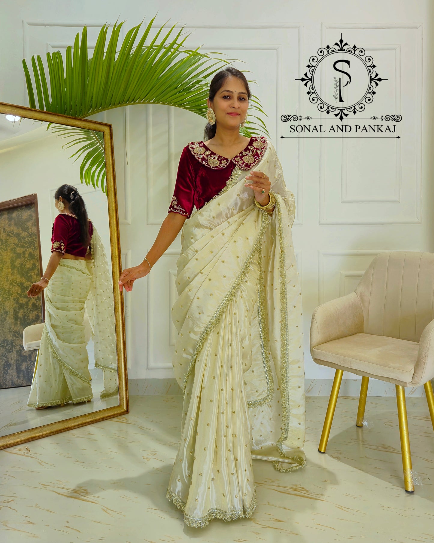Chandni - Maroon Velvet Hand Embroidered Blouse & Designer Saree - SA01613