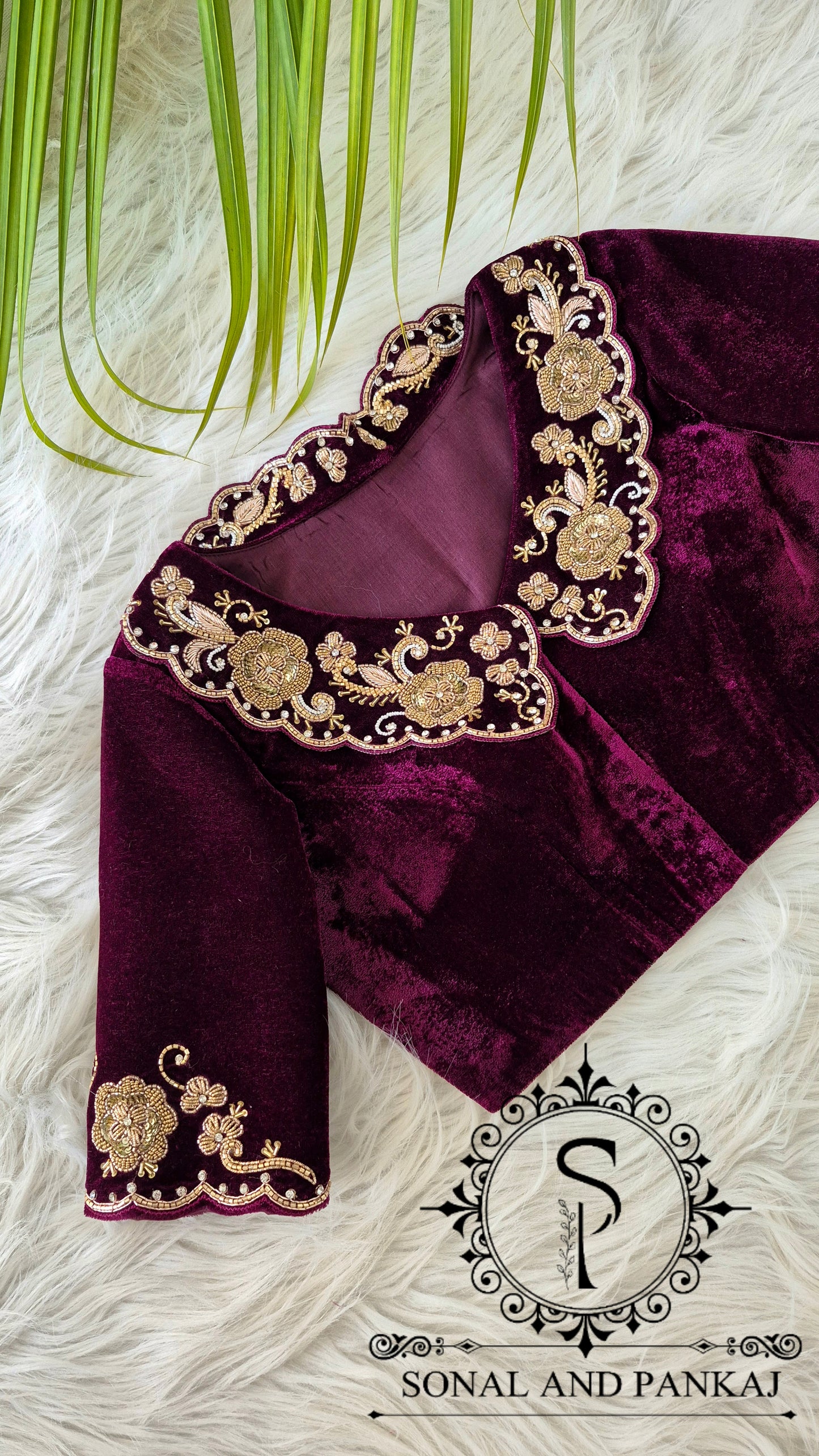 Wine Velvet Hand Embroidered Blouse - BL01627