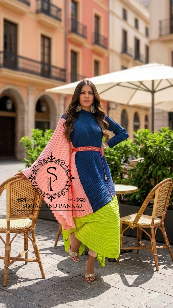 Peacock Blue Color Block Crushed Resort Wear Kaftan - RW01728