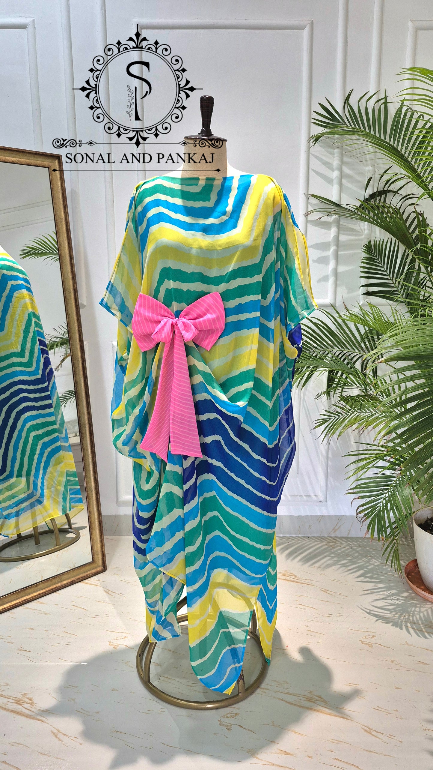 Rangrez - The Designer Blue Leheriya Kaftan On Sale - RW01792