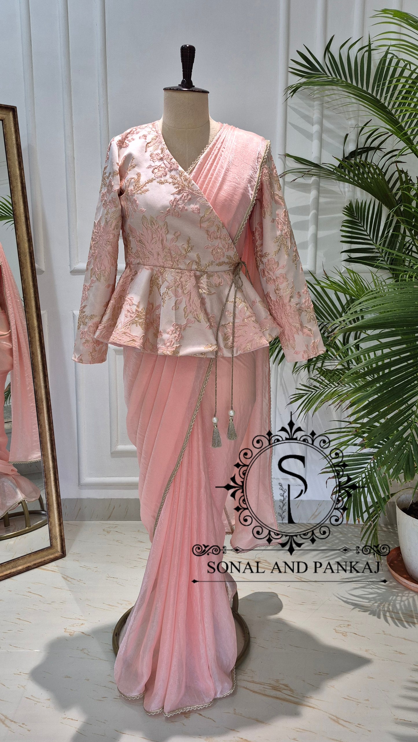 Peach & Gold Peplum Jacket Saree Set - SA01784