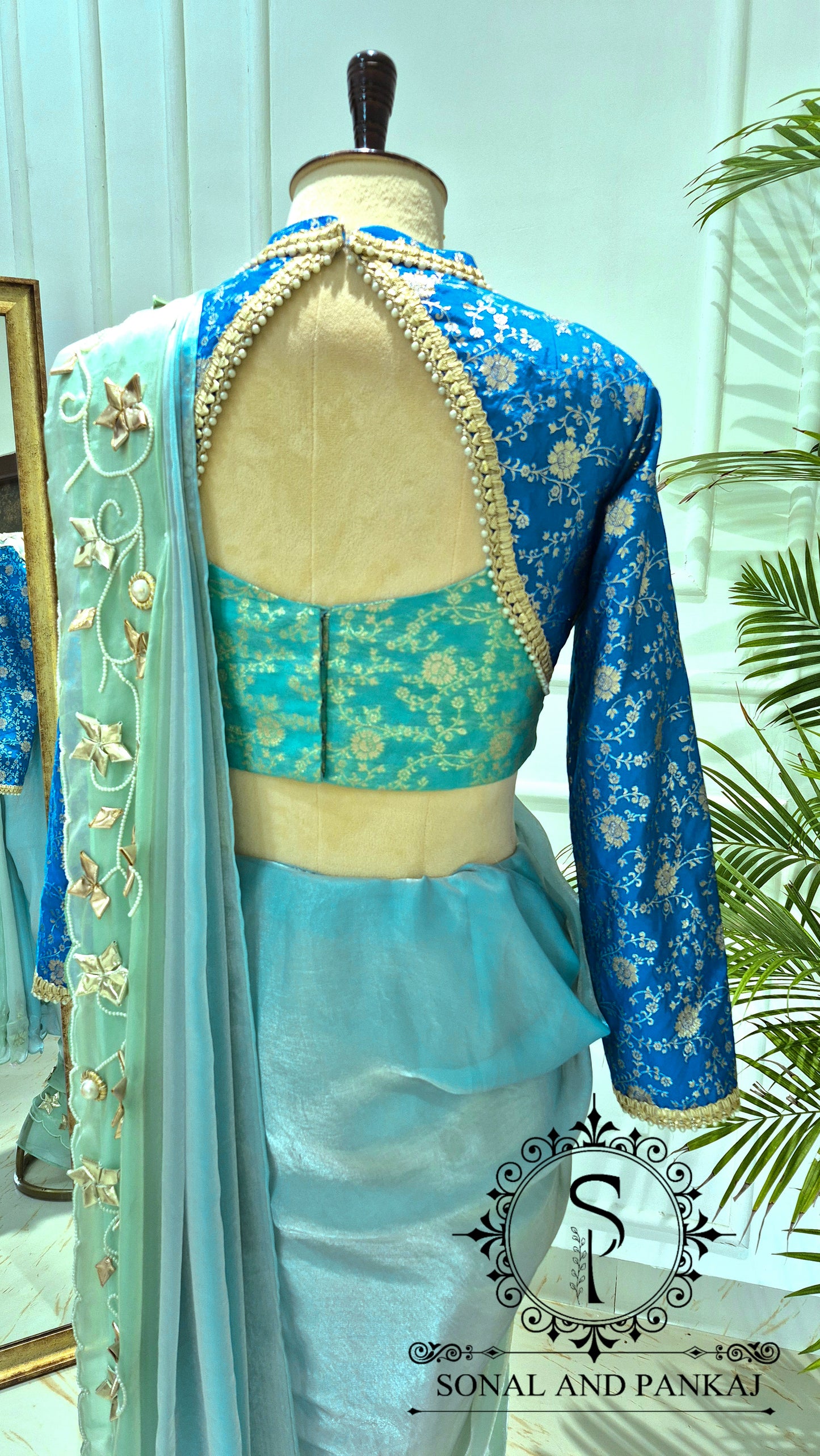 Oceanic Blue Gota Work Saree with Choker Style Blouse - SA01795