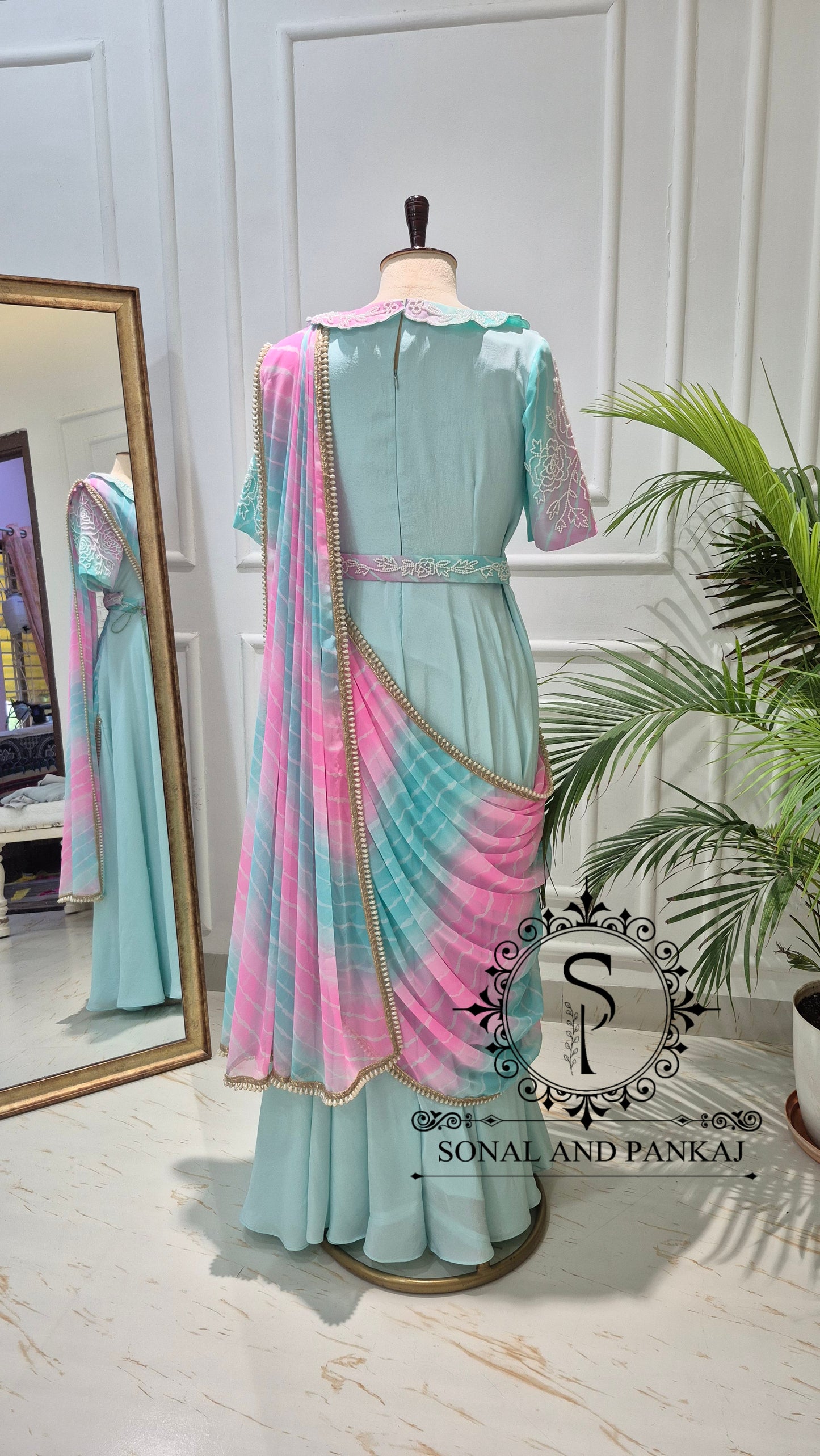 Aqua & Lotus Pink Hand Embroidered Ready To Wear Gown Saree - SA01816