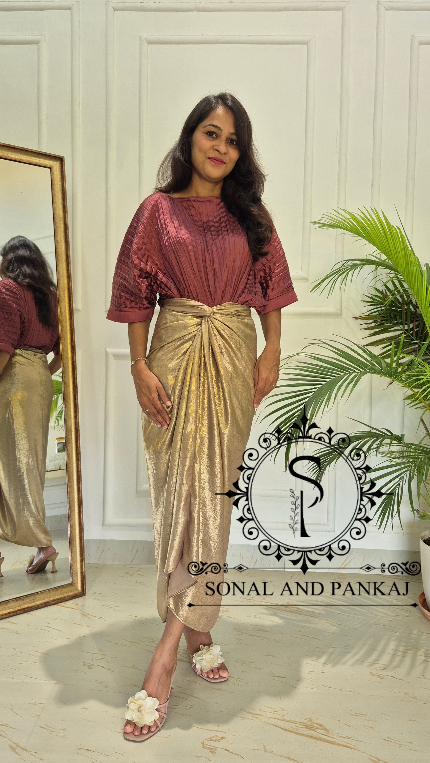The Marsala Pleated Kaftan & Golden Twist & Tie Co-Ord - CO01819