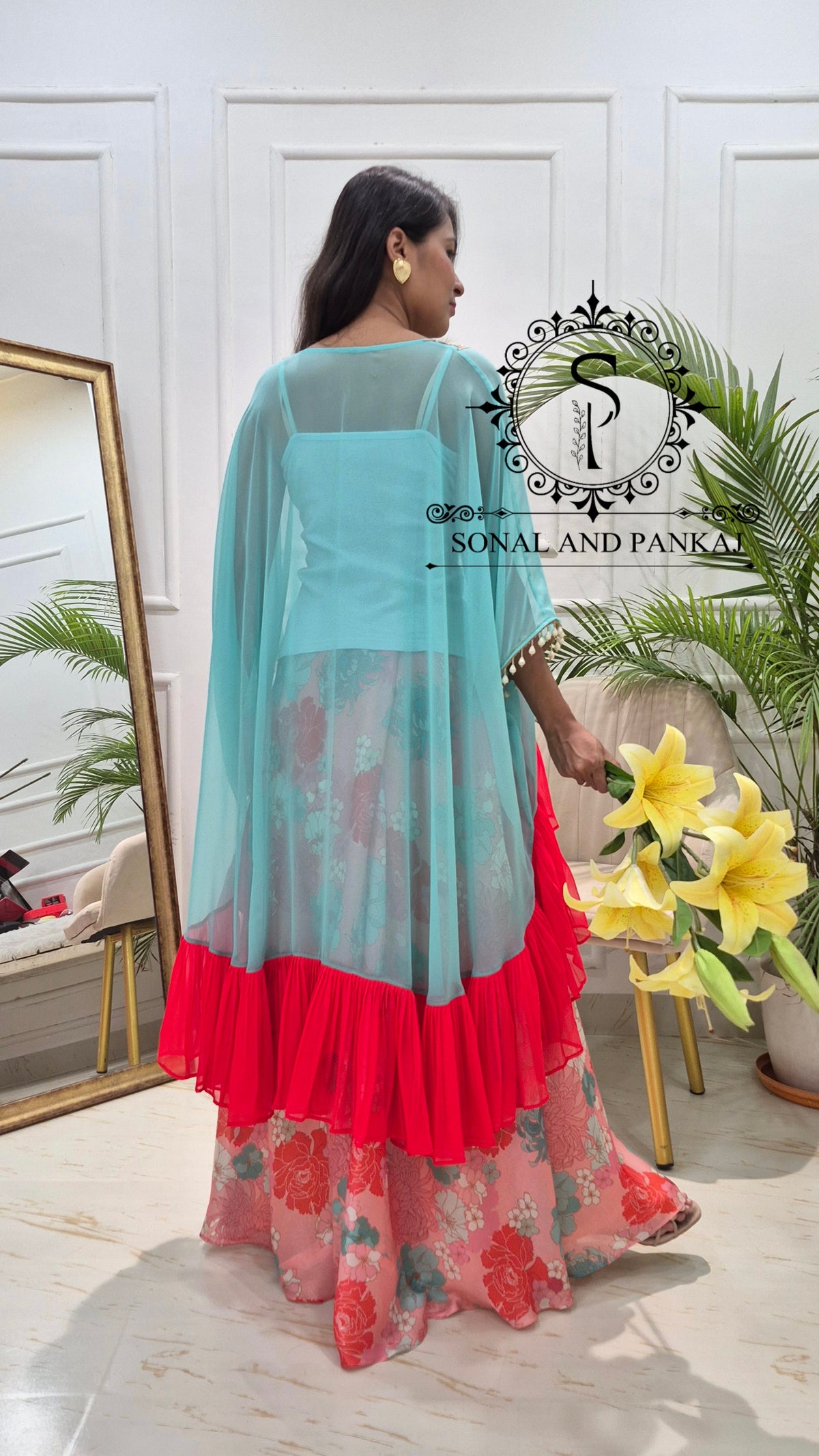 Miraya Sharara with Ruffle Cape Top On Sale - RW01862(Turquoise & Coral)