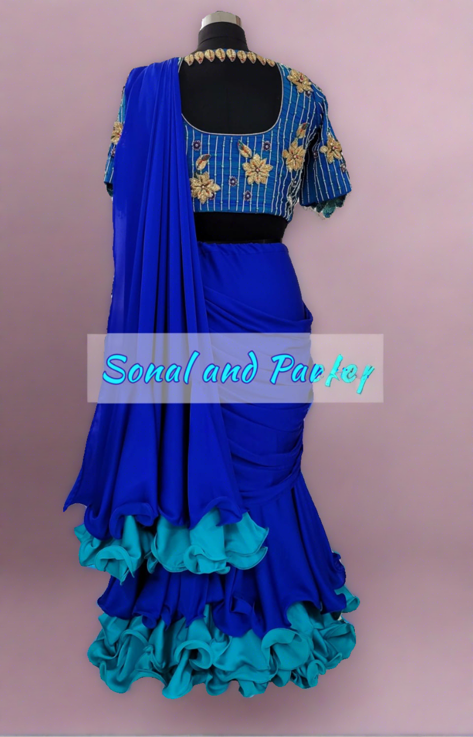 3d Peacock Embroidery Jacket Style Blouse With Ready To Wear Ruffle Saree - SA00727
