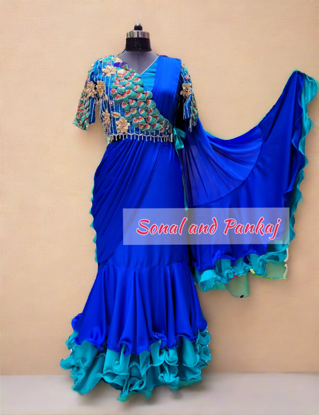 3d Peacock Embroidery Jacket Style Blouse With Ready To Wear Ruffle Saree - SA00727