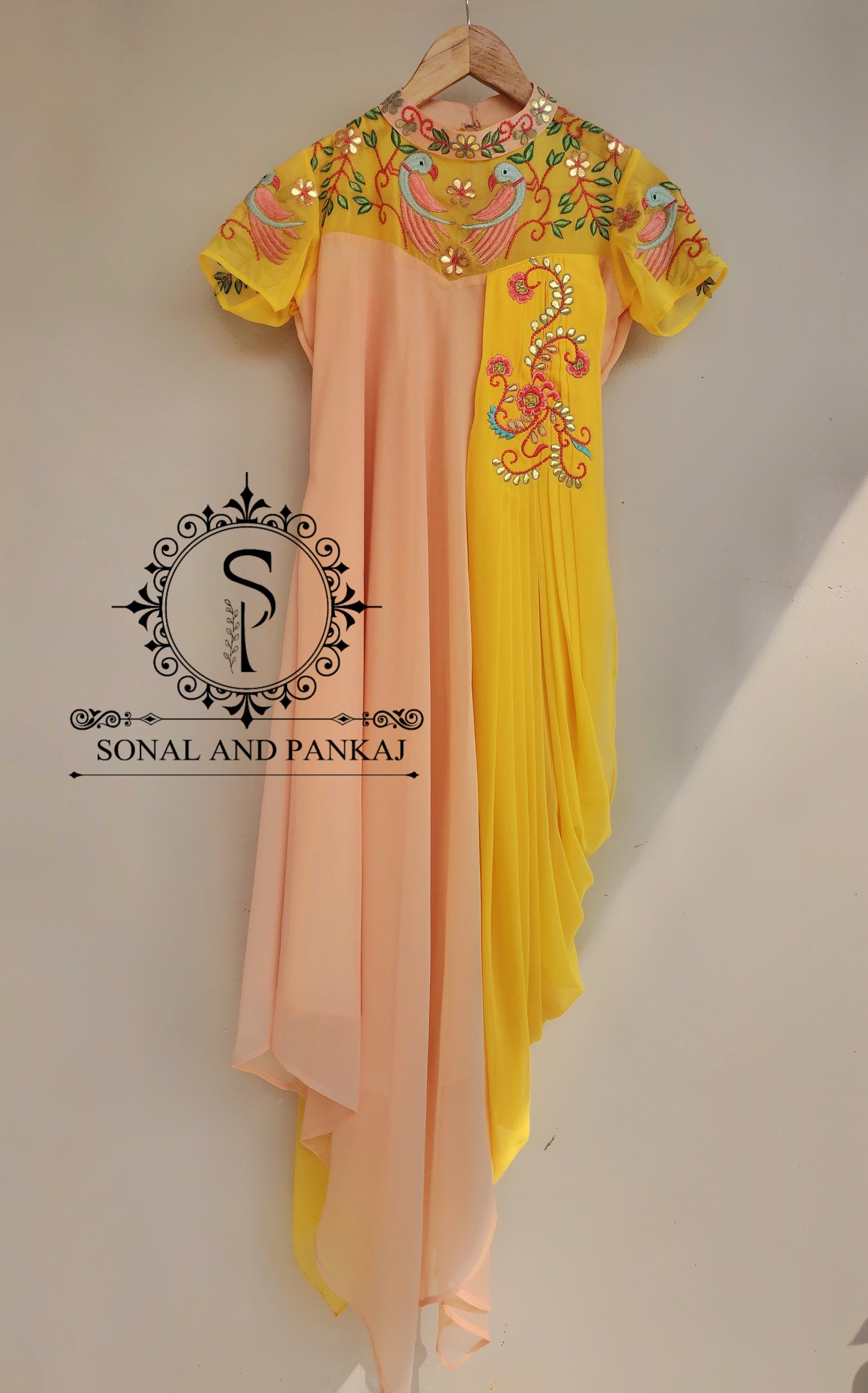 Yellow & Peach Gotta Patti Hand Embroidered Drape Kurti - RW01463