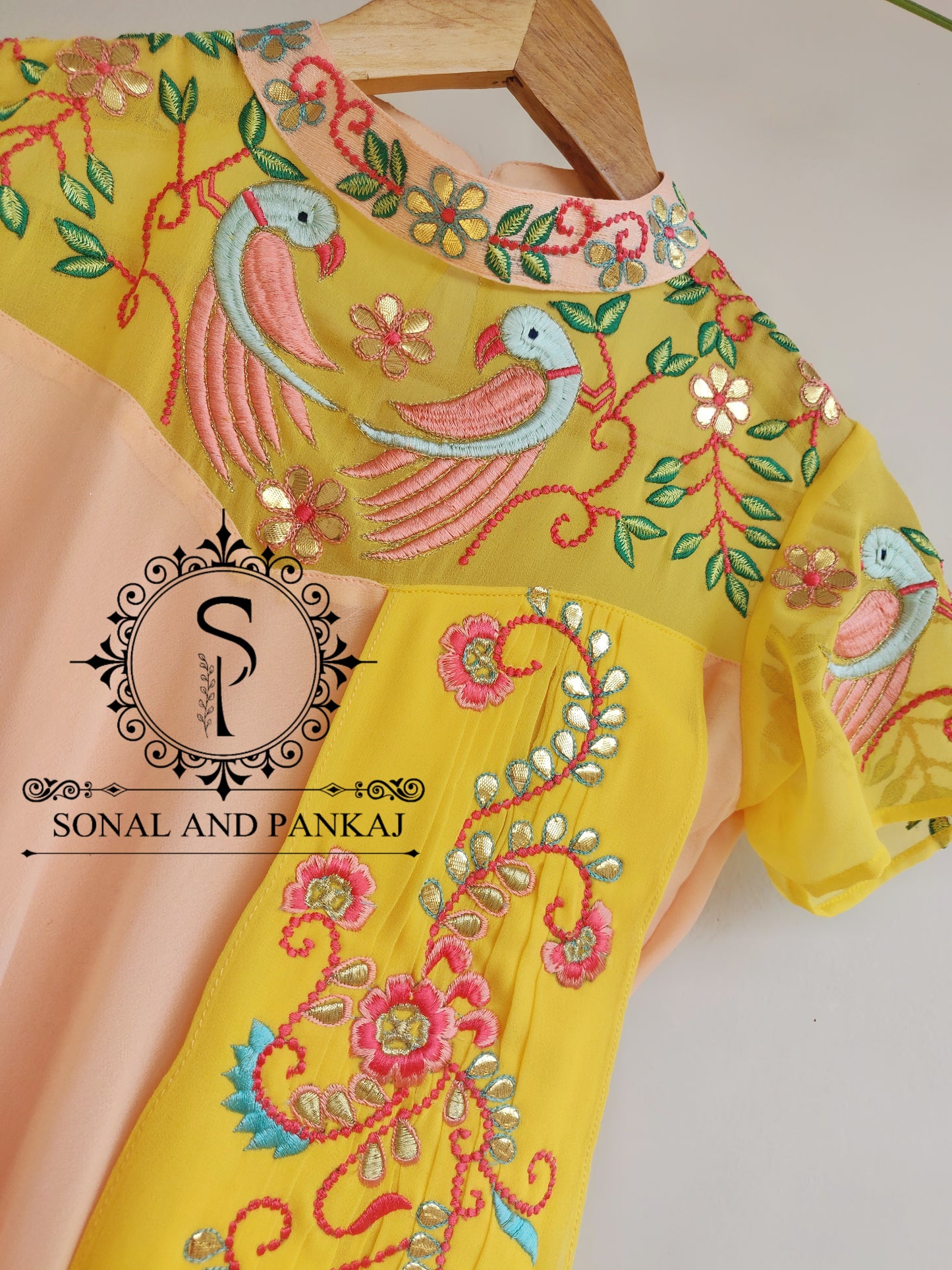 Yellow & Peach Gotta Patti Hand Embroidered Drape Kurti - RW01463
