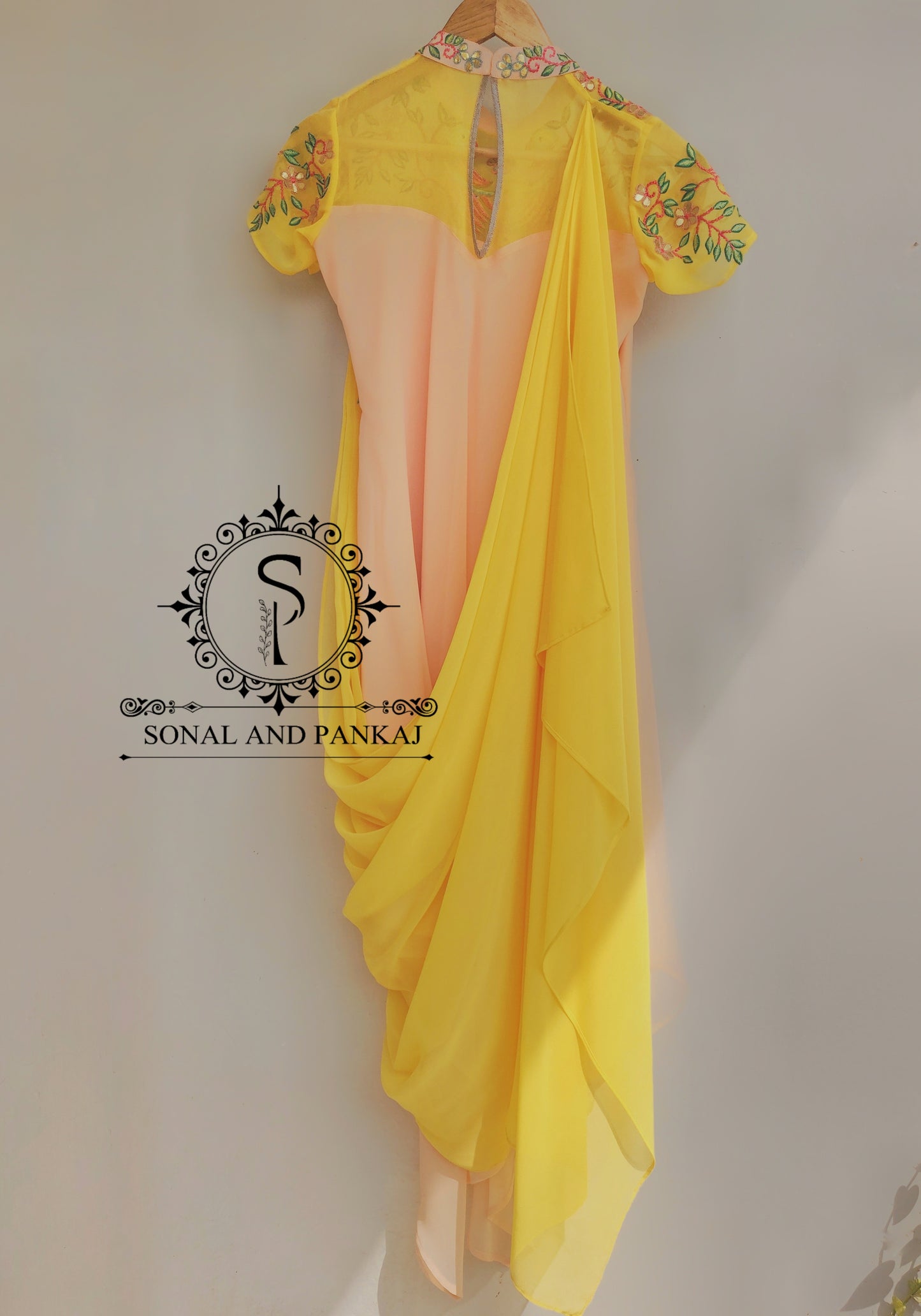 Yellow & Peach Gotta Patti Hand Embroidered Drape Kurti - RW01463