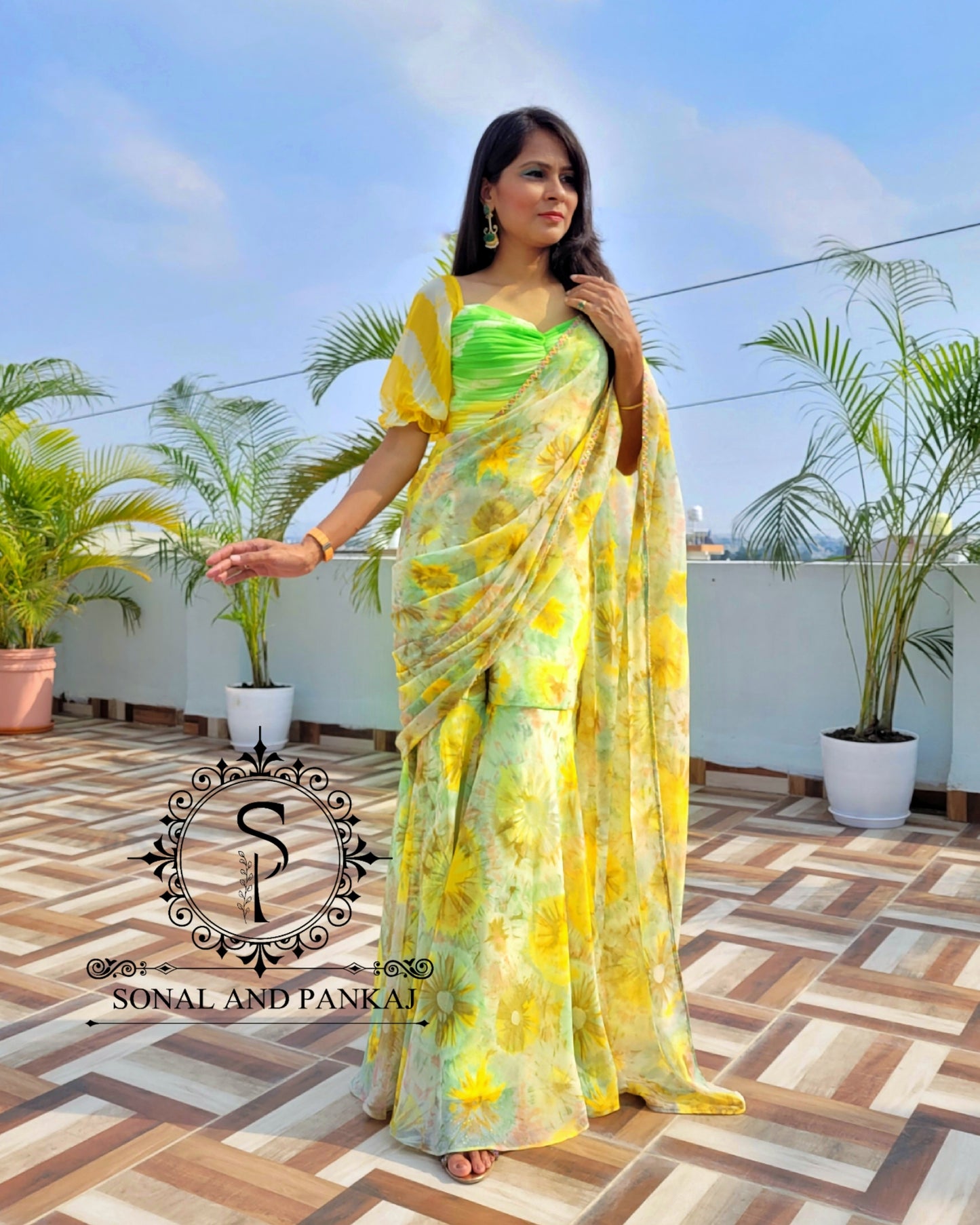 Shaded Green Ruched Blouse With Ready To Wear Saree - RTW01175