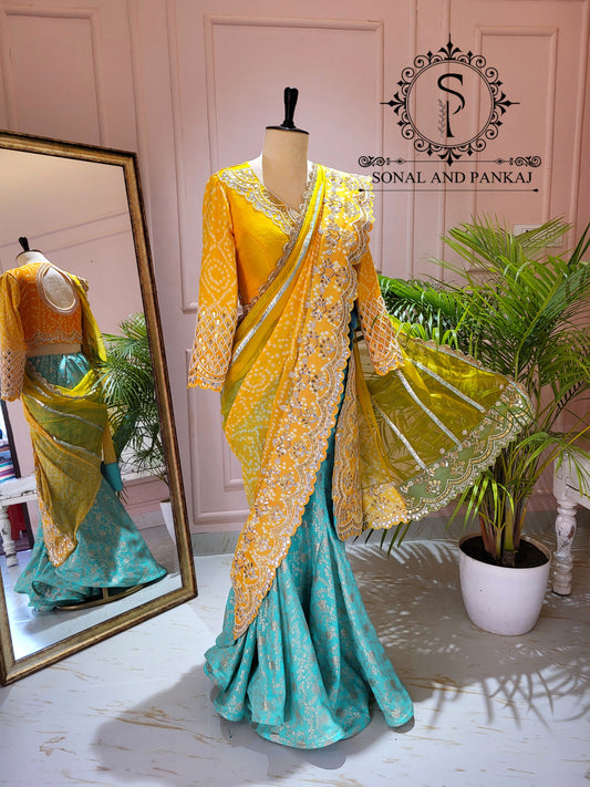 Yellow Gotta Patti Hand Embroidered Blouse & Ready To Drape Designer Bandhani Saree - SA01445