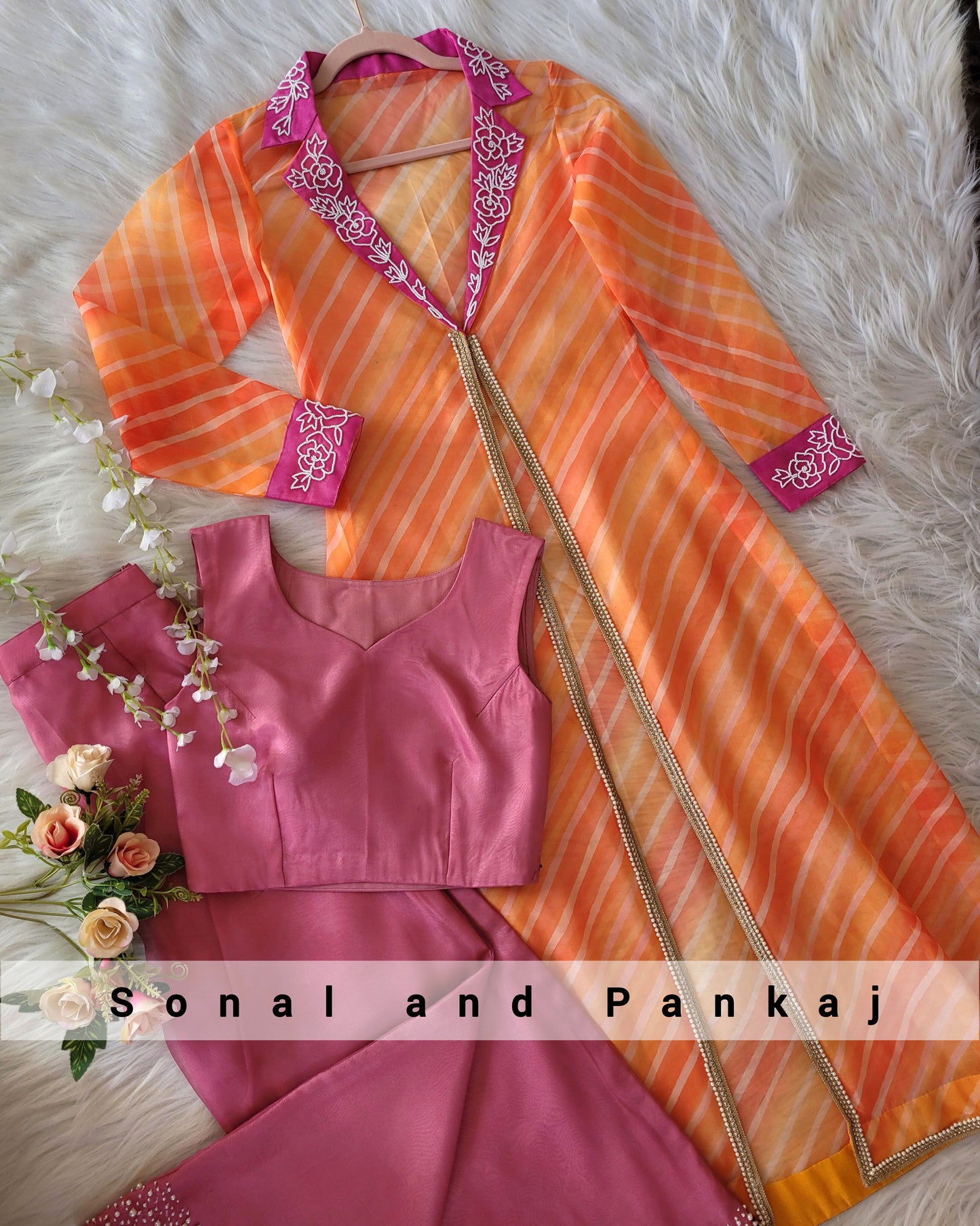 Mauve Coord Set With Organza Leheriya Hand Embroidered Jacket - RW01460