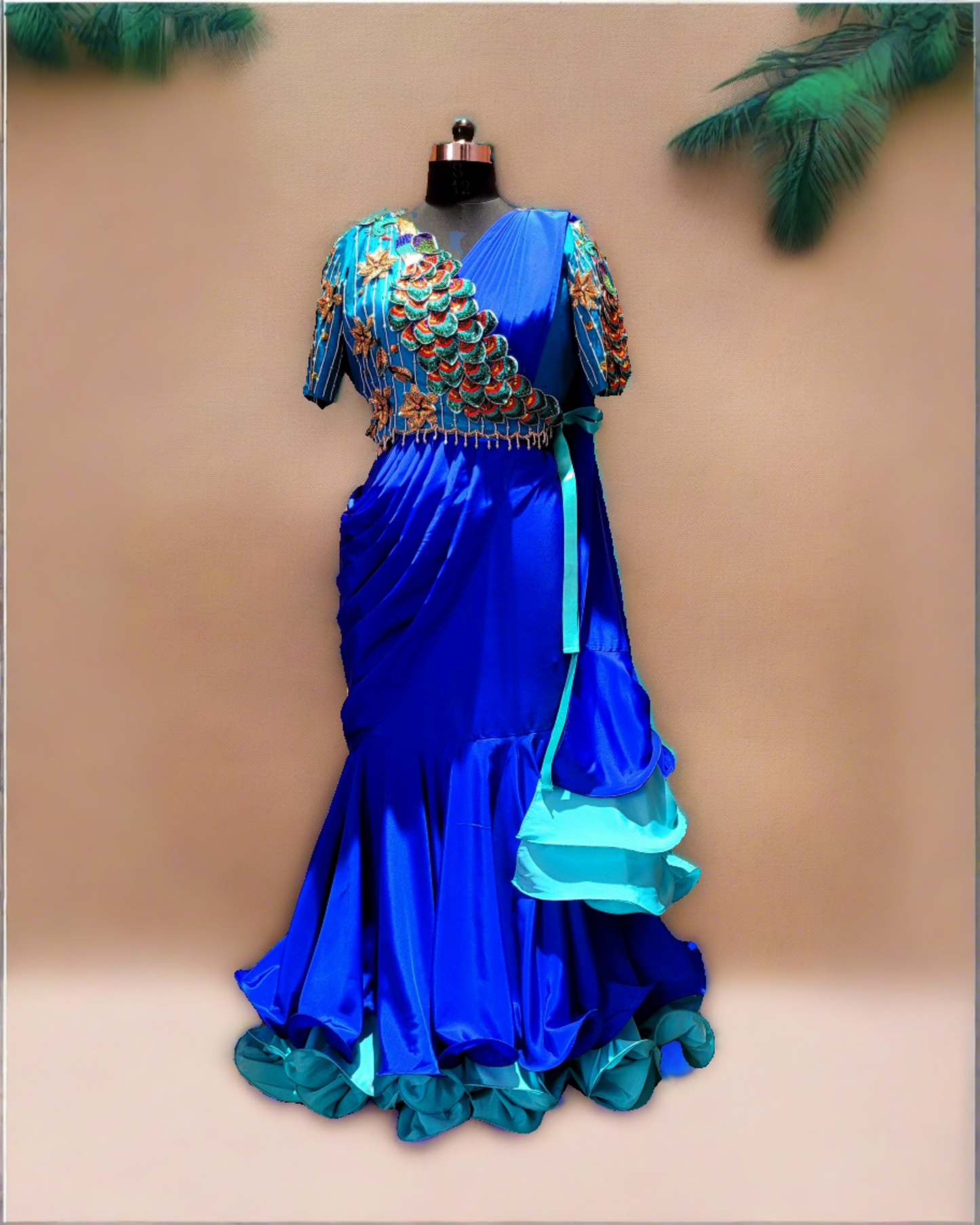 3d Peacock Embroidery Jacket Style Blouse With Ready To Wear Ruffle Saree - SA00727