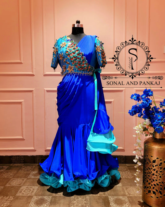 3d Peacock Embroidery Jacket Style Blouse With Ready To Wear Ruffle Saree - SA00727