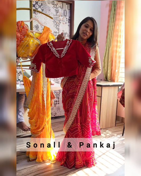 Ready To Wear Red Bandhani Print Saree With Hand Embroidered Blouse - SA01458
