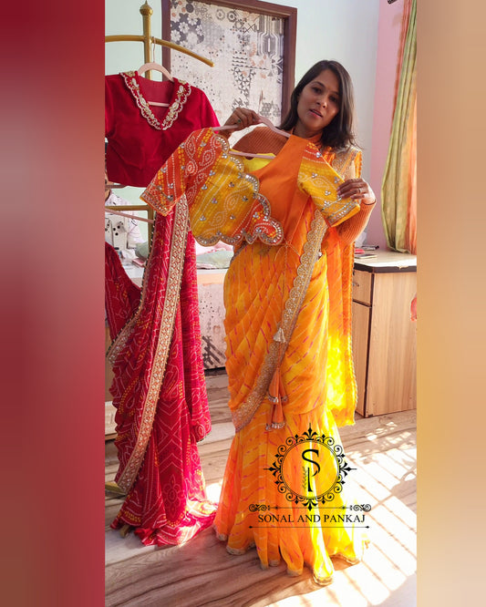 Ready To Wear Yellow Leheriya Saree With Bandhani Hand Embroidered Blouse - SA01459