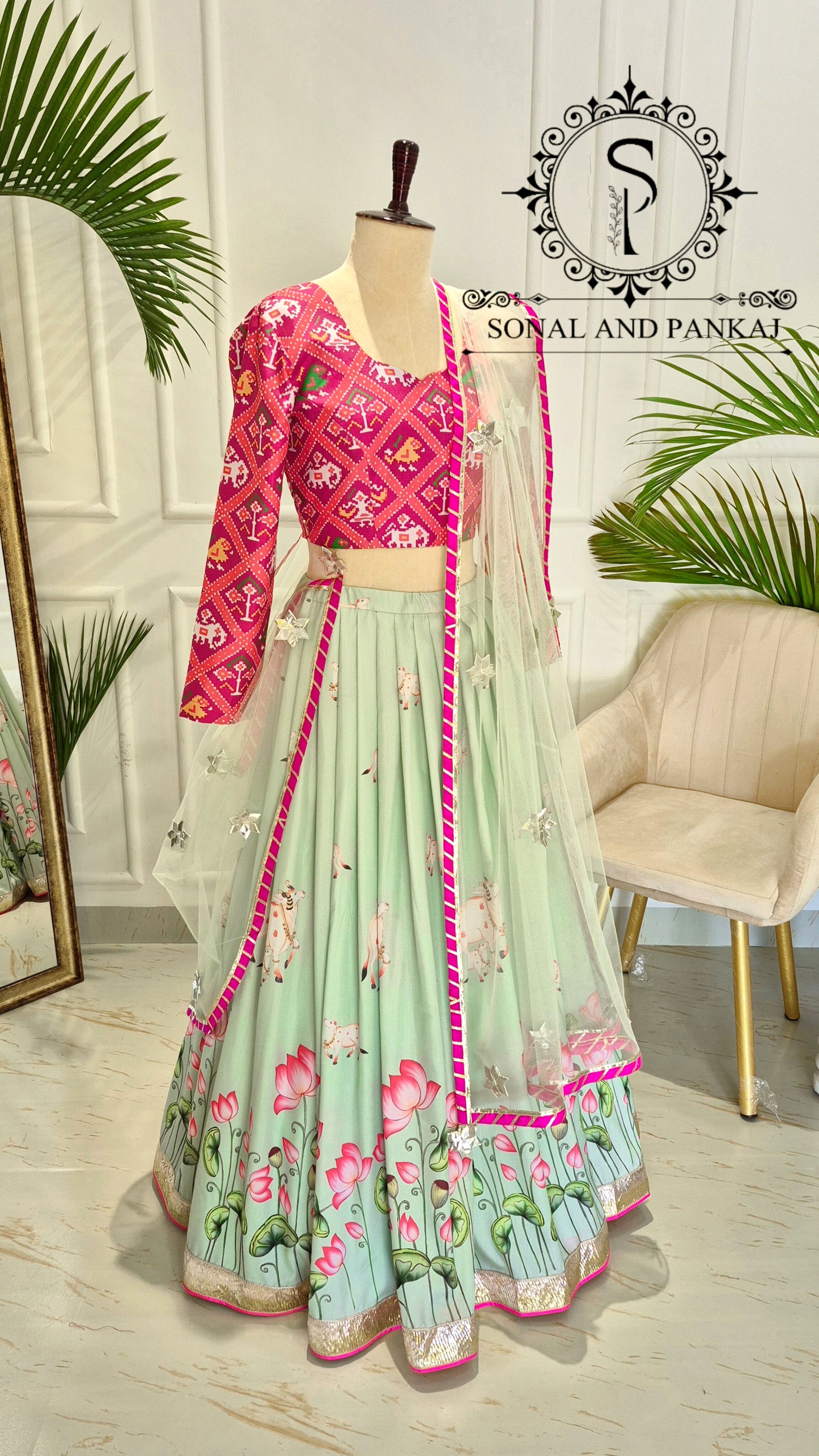Lotus Whispers - Pastel Green Pichwai Ensemble - LH01614