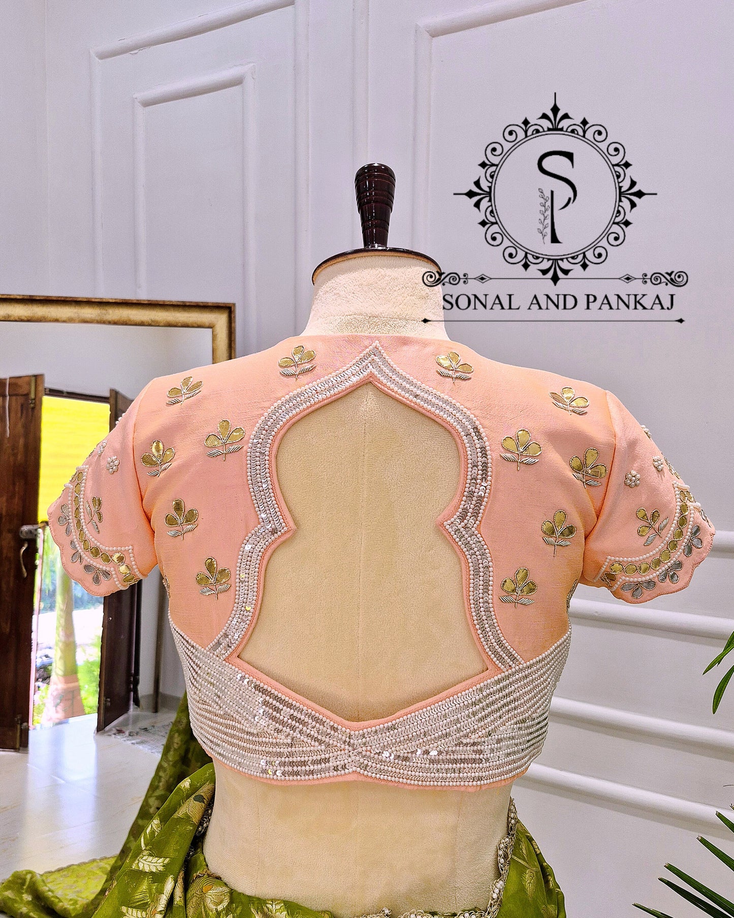 Peach Gotta Patti Hand Embroidered Blouse With Olive Green Floral Jaal Saree - SA01573