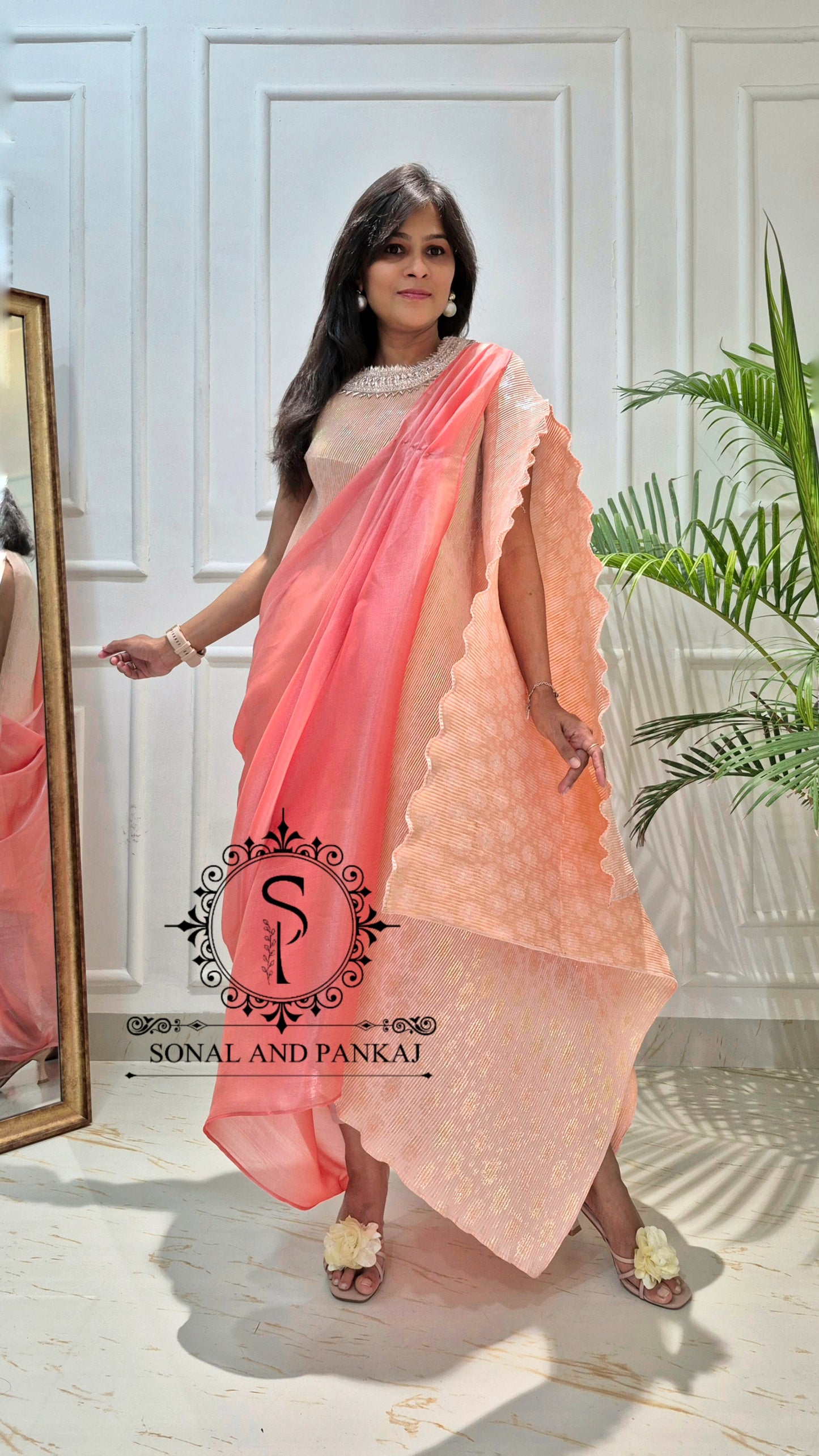 Sun Kissed Peach Metallic Pleated Resort Wear Kaftan With Cowl Cape - RW01643