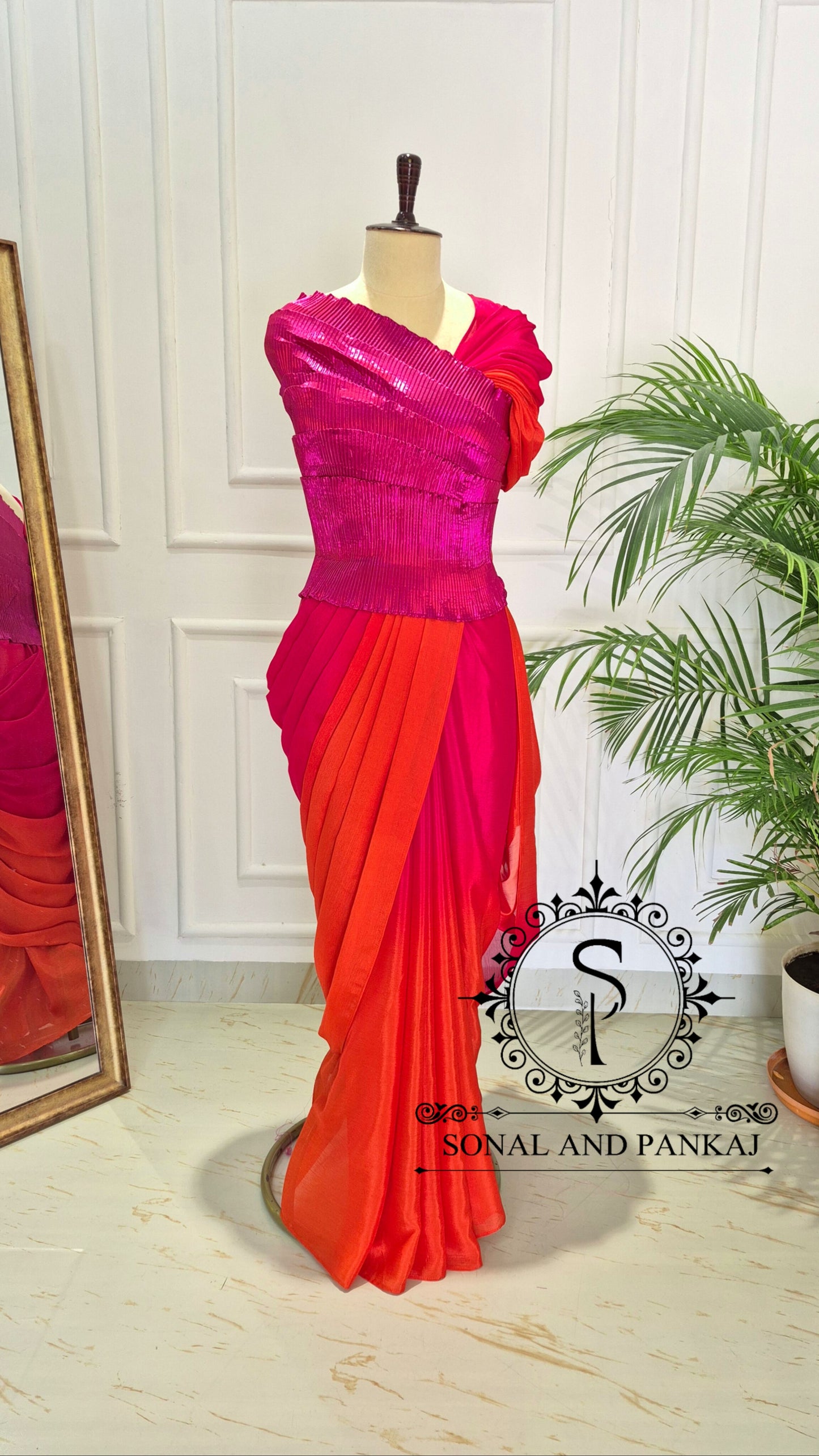 Desi Girl Vibe - Raspberry Sunset Sorbet Pre-pleated Saree - SA01714